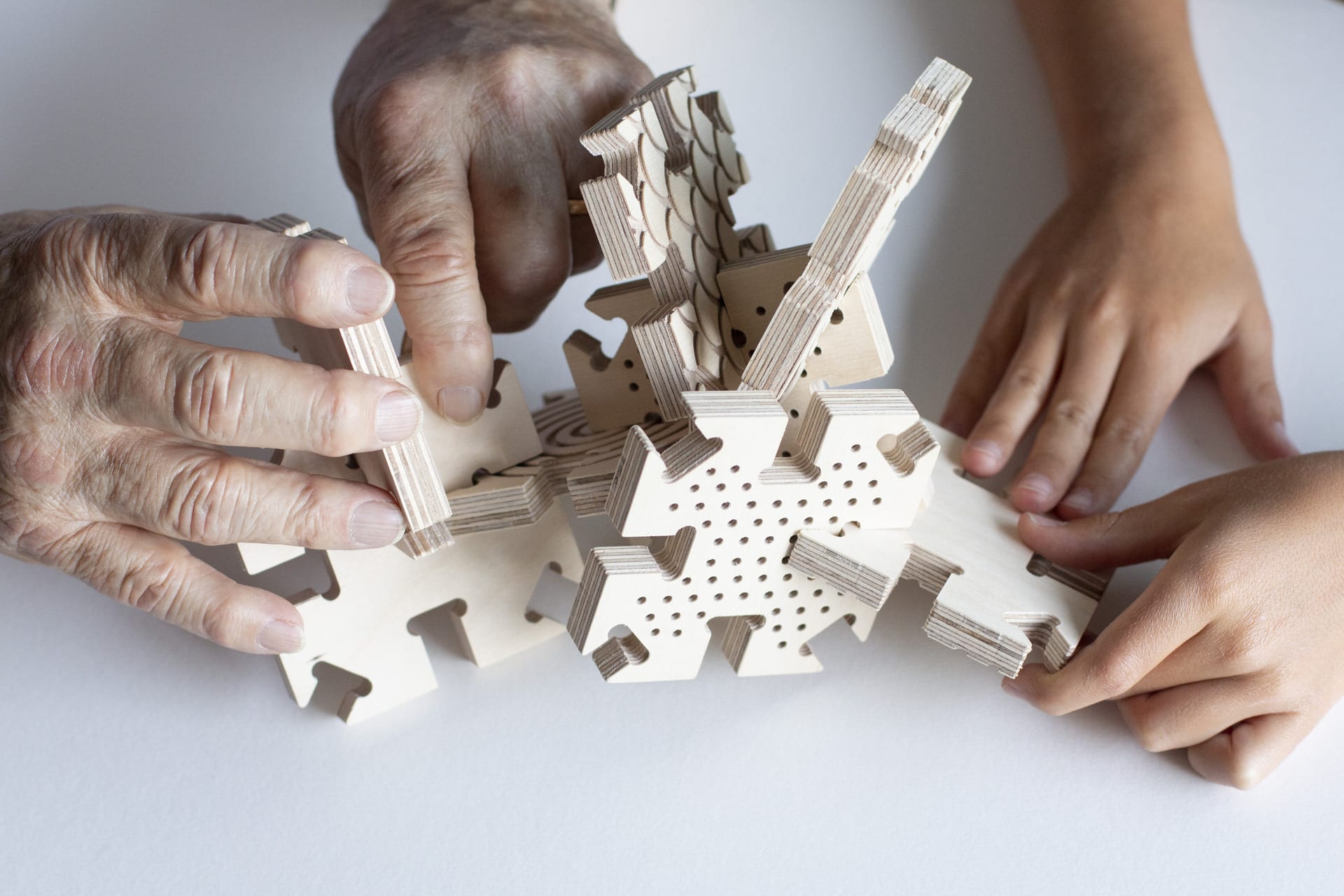 The 3D puzzle bridges abilities and invites the participants to create structures together and recreate objects and situations from their reality through shapes. The different textures, sounds and mag