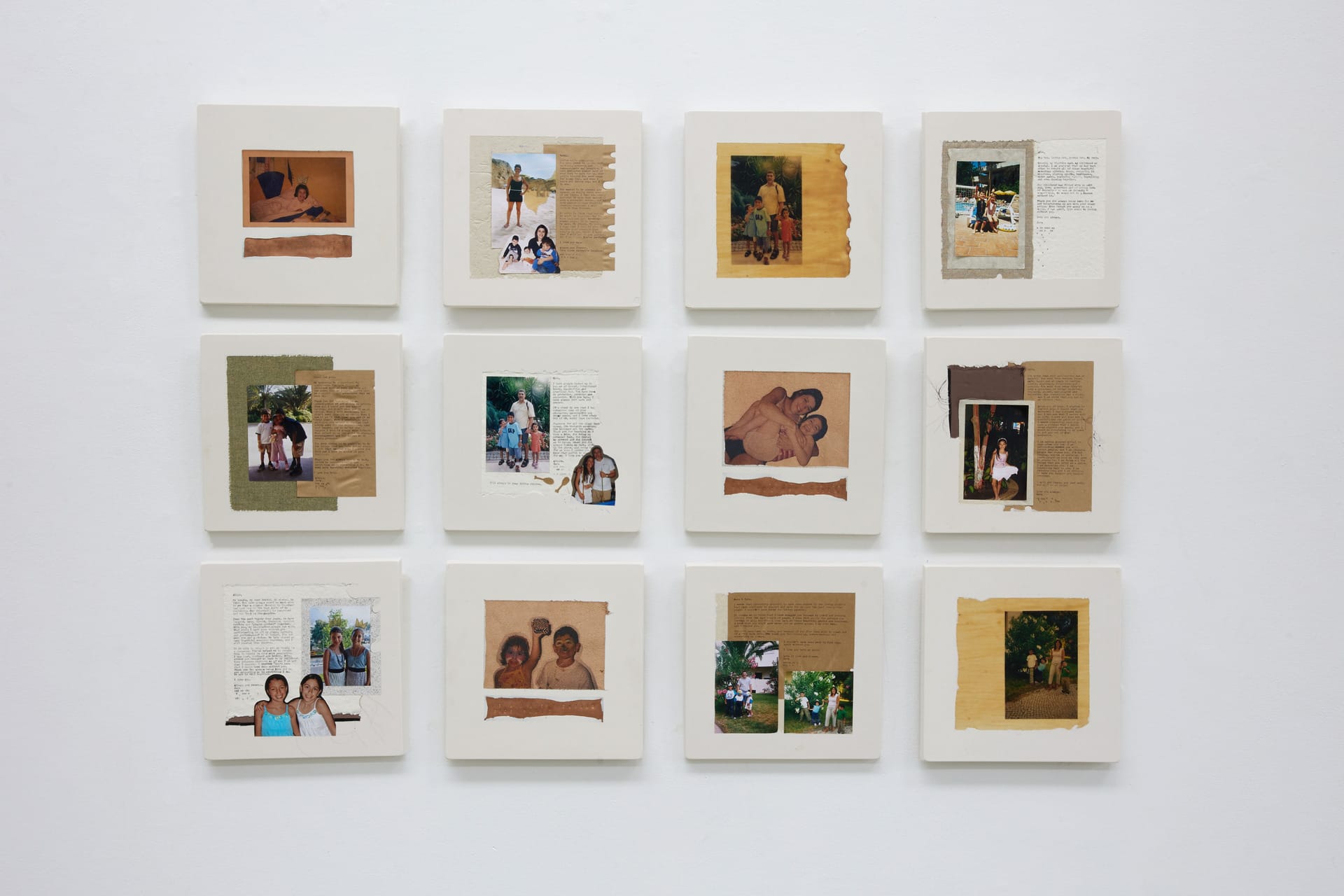Digital photographs, typewritten letters, copper, leather, recycled paper and fabric embedded into Jesmonite.