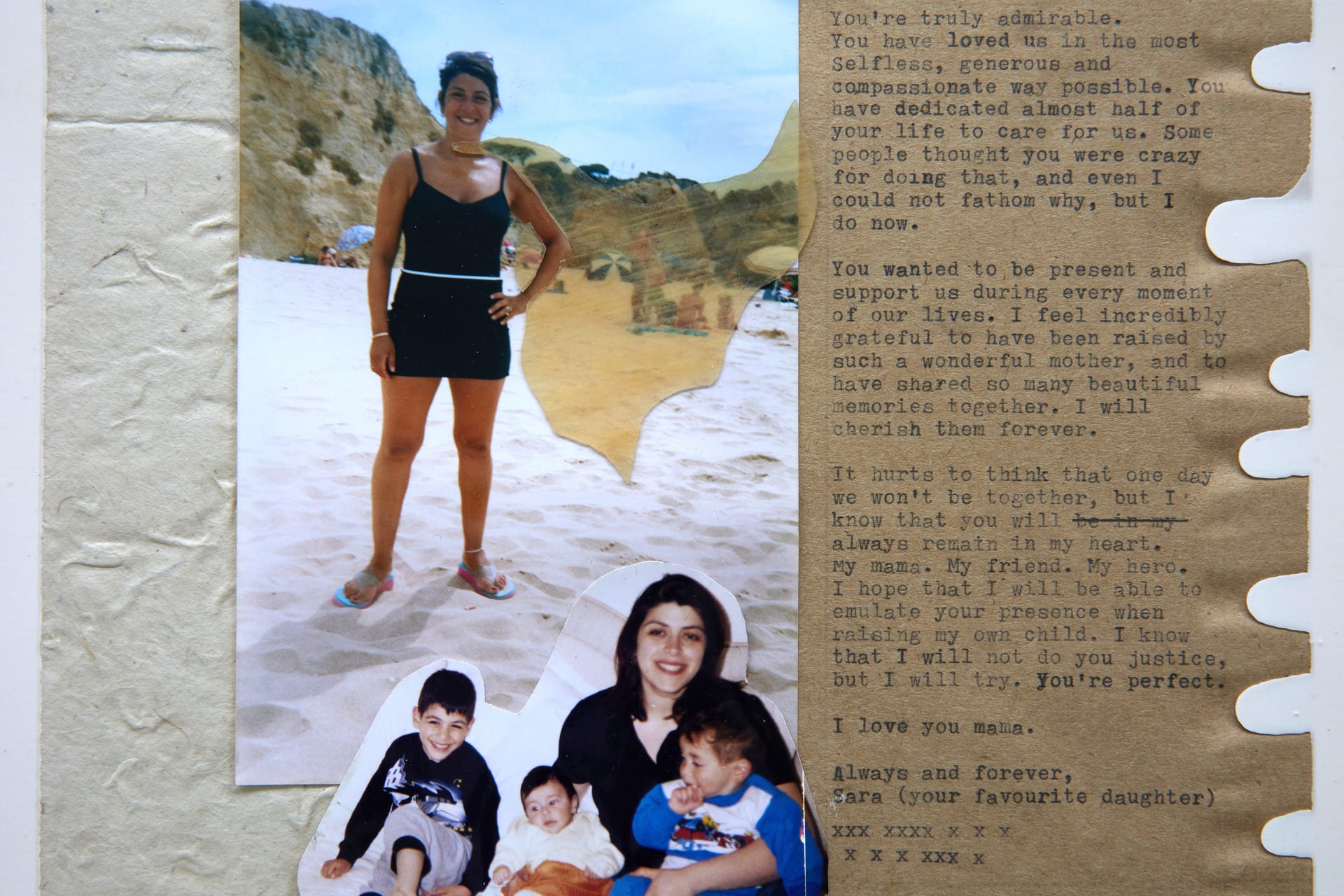 Digital photographs, typewritten letters, copper, leather, recycled paper and fabric embedded into Jesmonite.