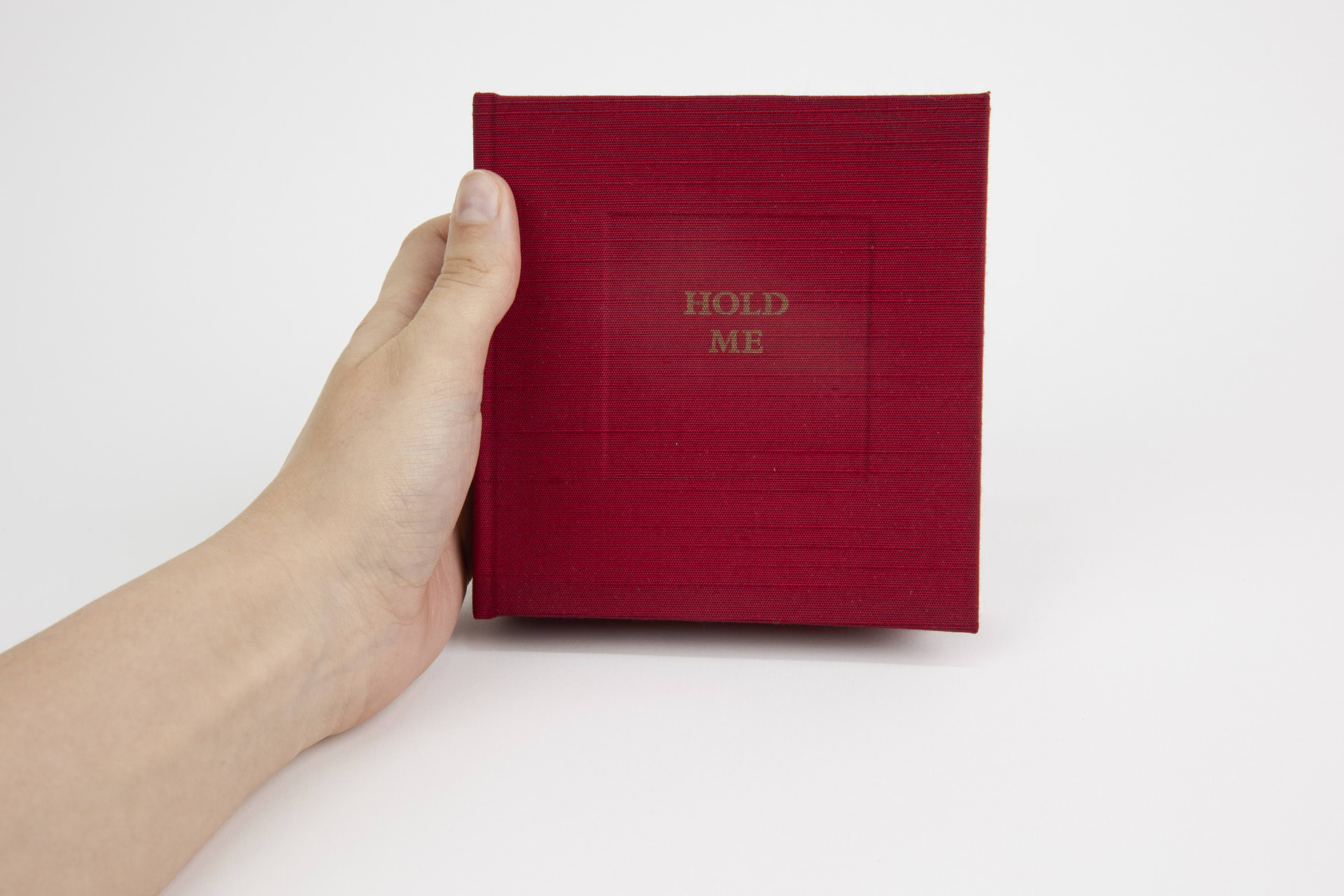 Hand holding a small red box with gold writing reading the words 'Hold Me'. 