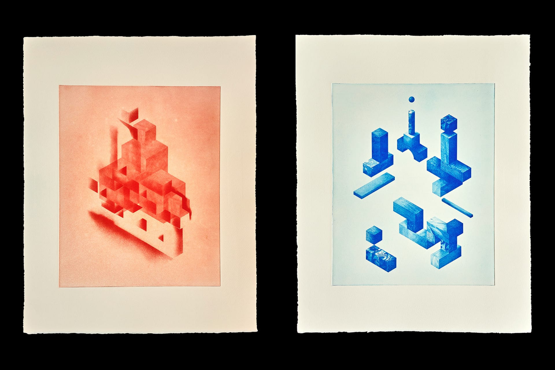 abstract geometric shapes, based on isometric grid, digital drawing, hand printed photopolymer