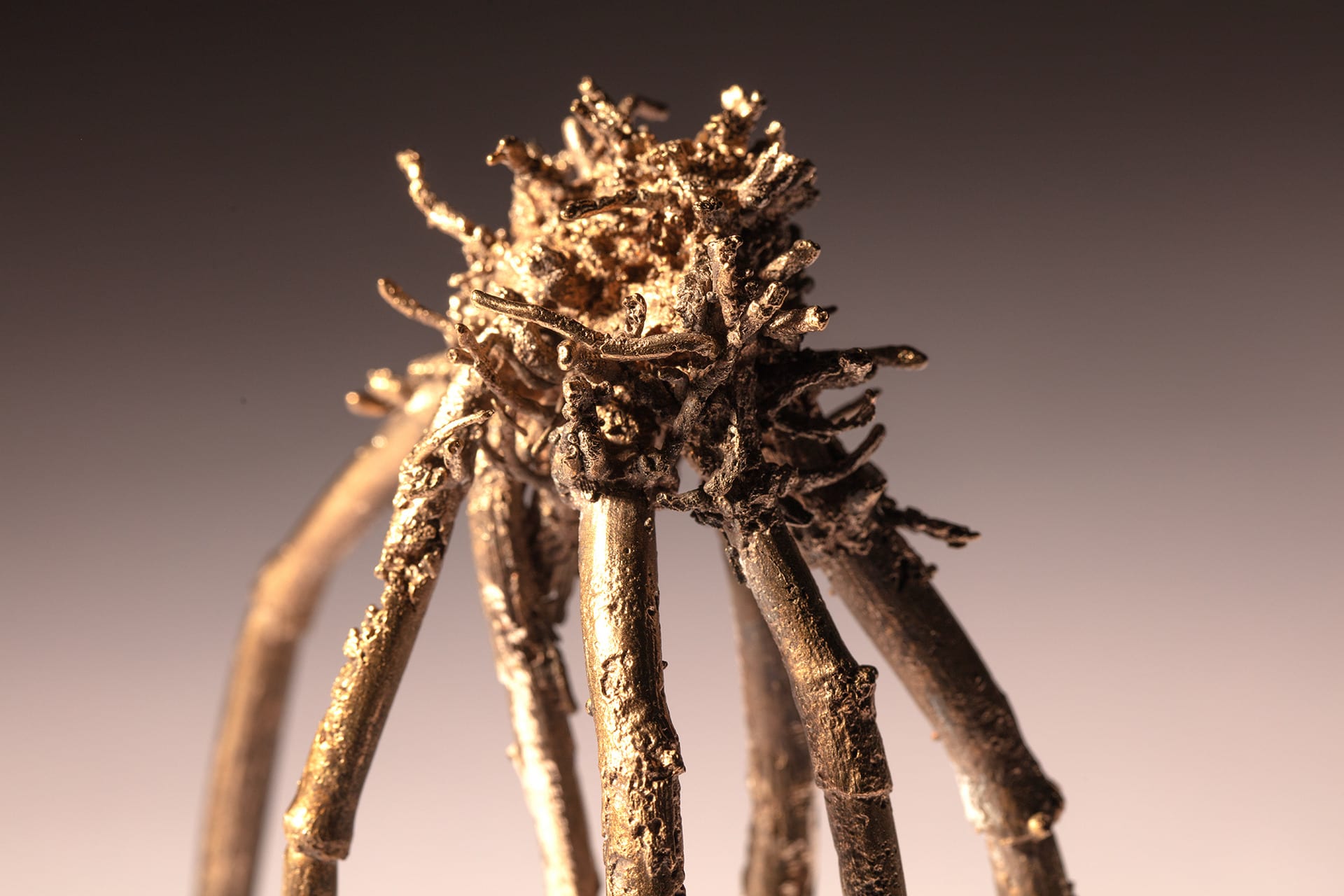 A close up show of a wheat root system and stems cast in bronze