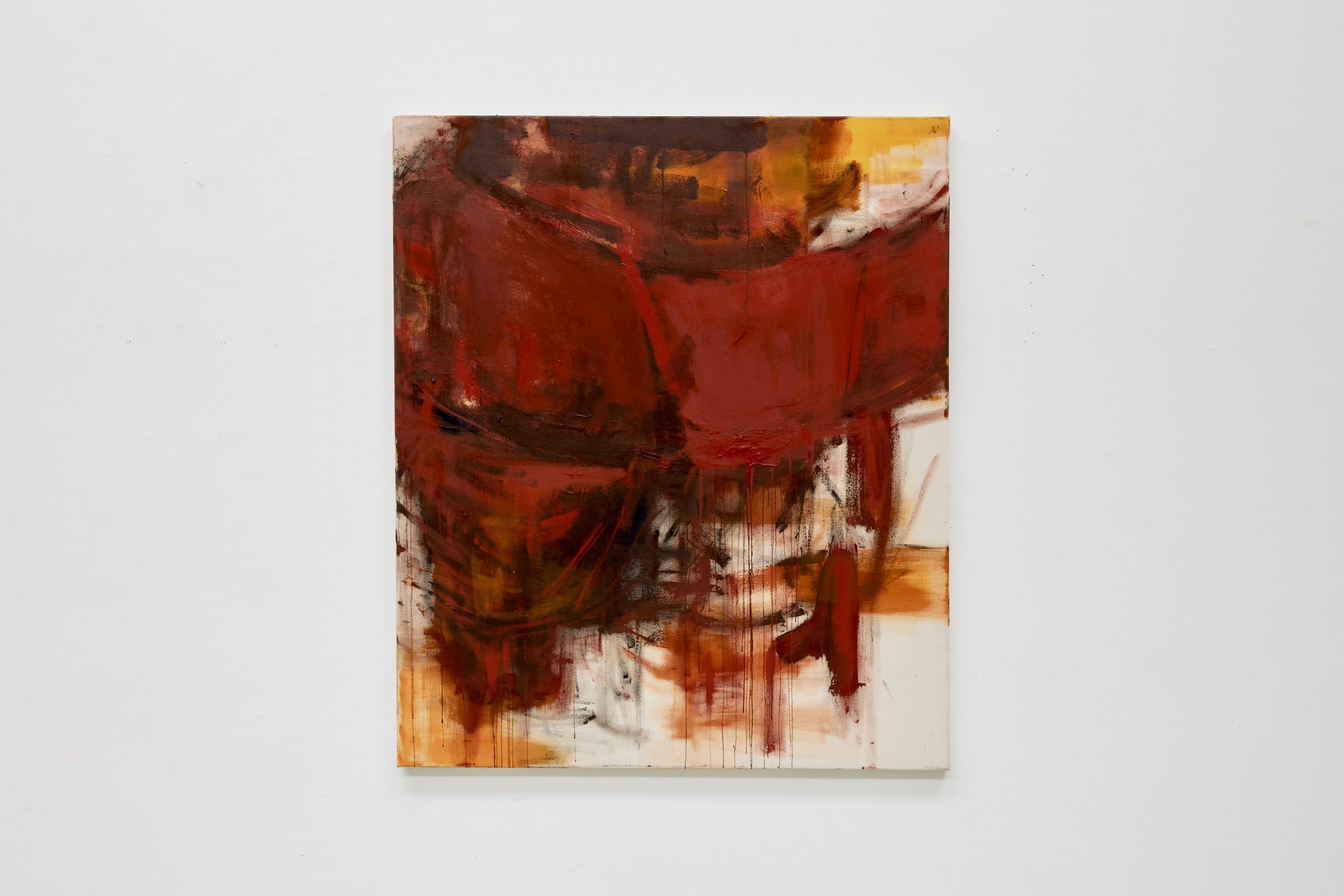 Abstract painting in warm red, brown, orange tones