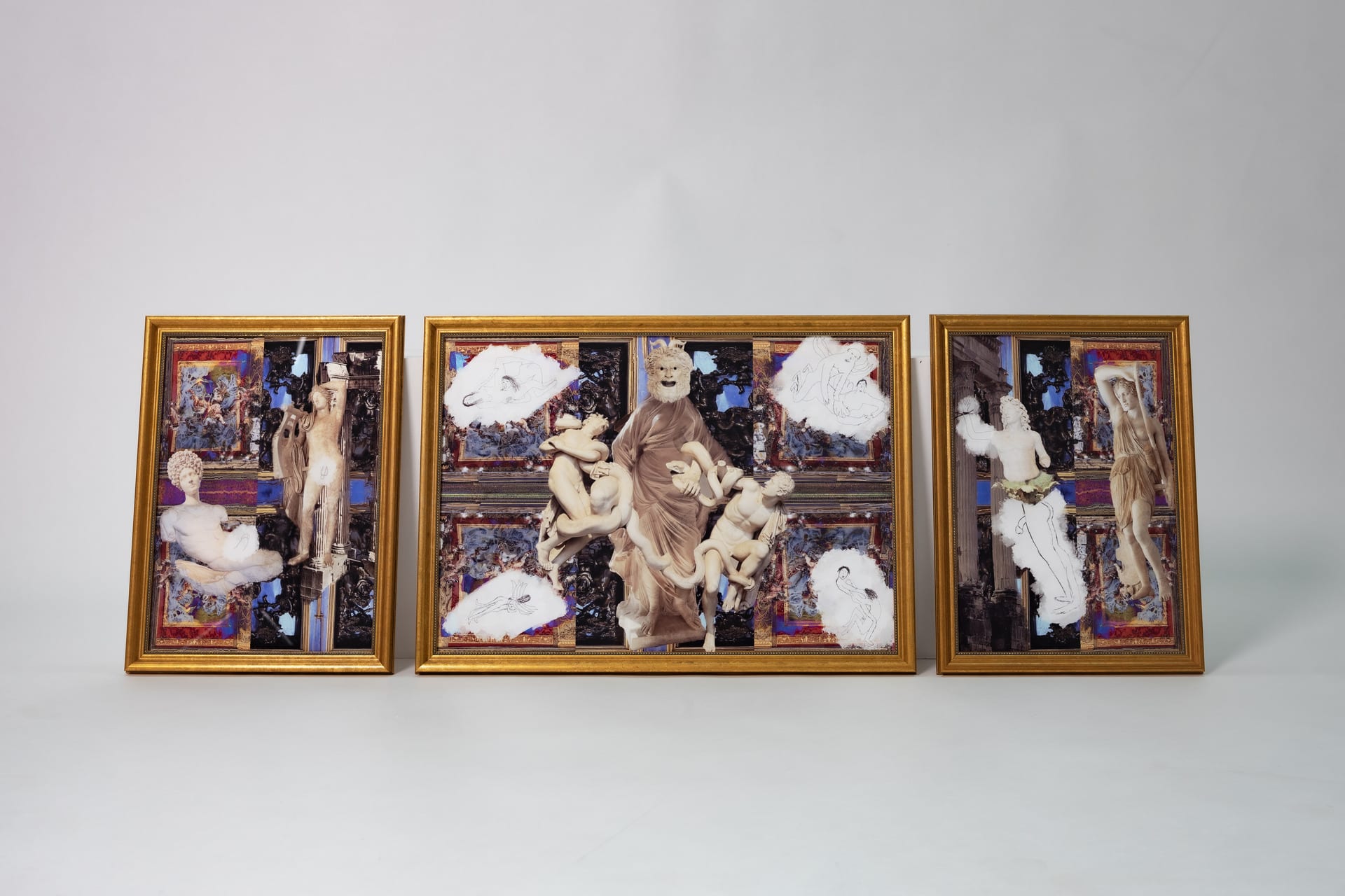 A triptych of UV acrylic prints in gold leaf frames representing Greco-Roman sculptures in sexual encounters.