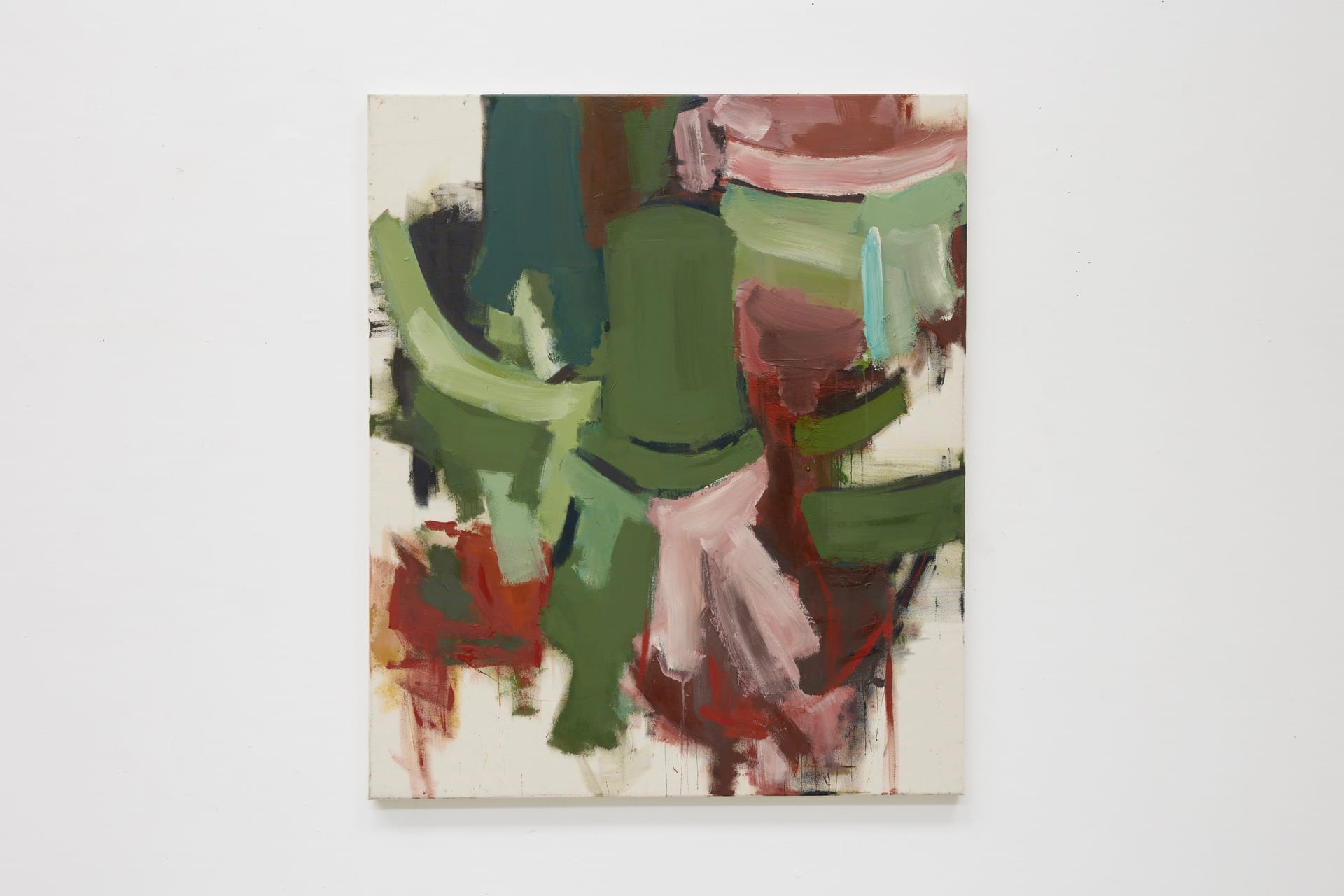 Abstract painting made up of a central green column and surrounded by paler green and pink lines