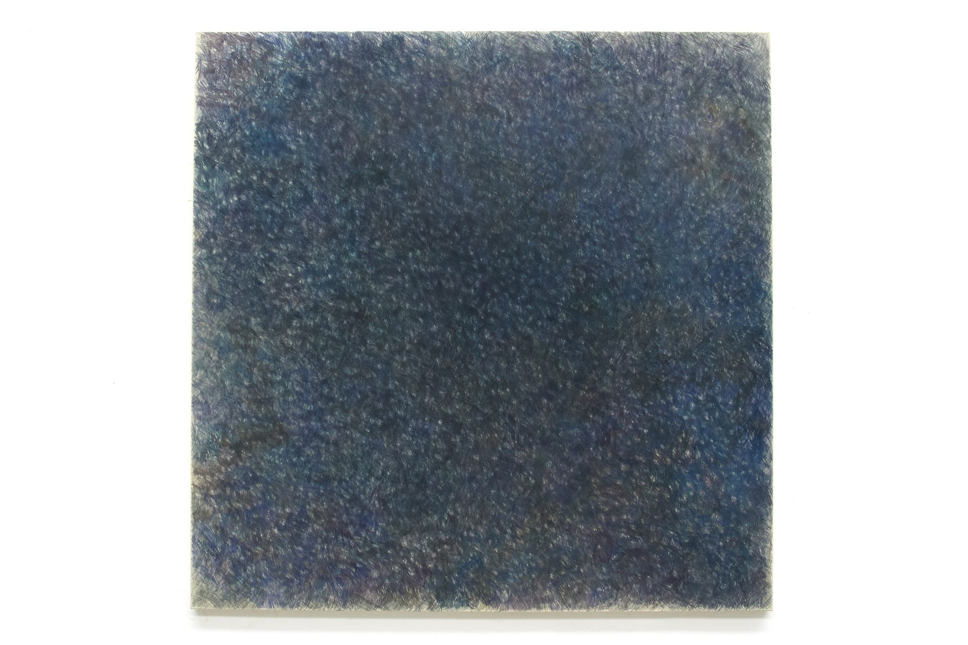 a square canvas covered by dark blue, brown, green, and purple drawing marks