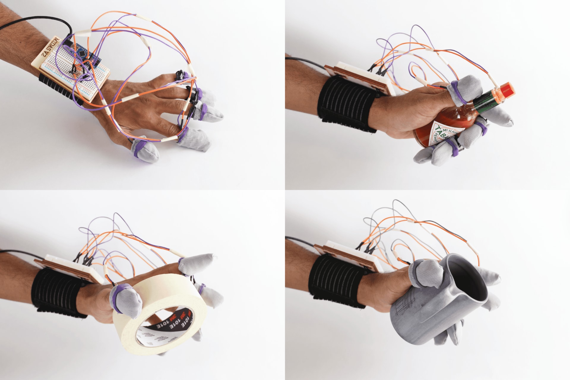 A hand wearing the controller and using different objects as a controller.