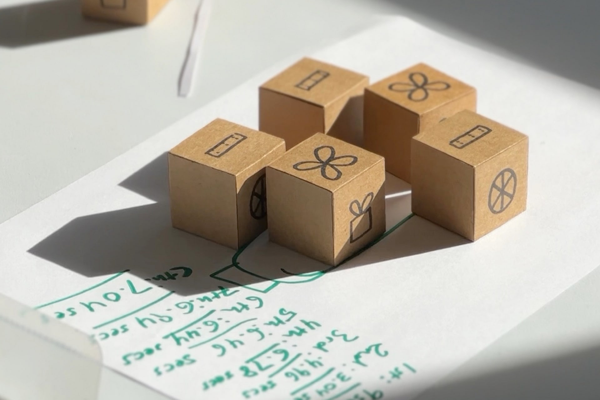 5 paper cubes on a pieces of paper, with a list of times written down from iterations