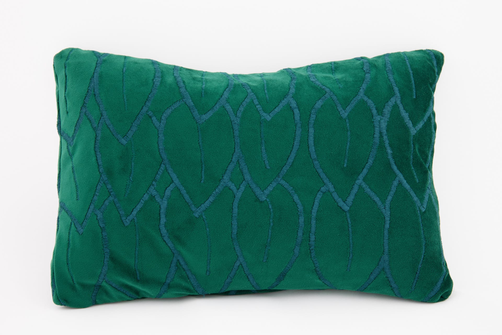 Green velvet cushion with pomegranate leaf embroidery