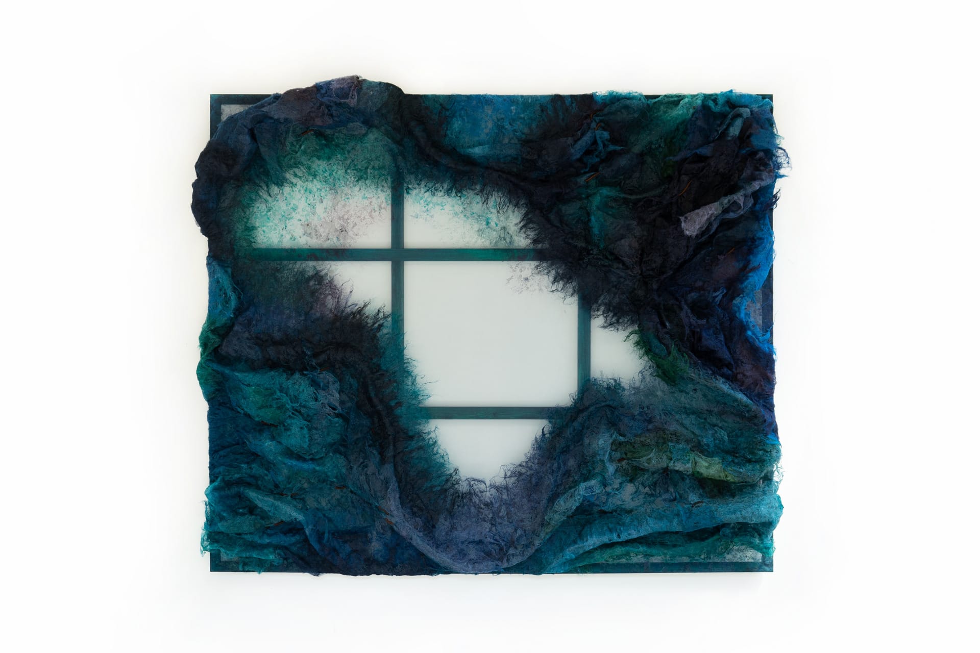 an blue painting made out of acrylic, home-made felt, embroidery and textile on wood