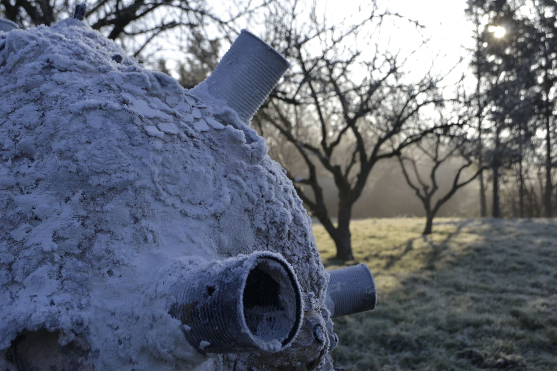 Close up of the frost-covered sculpture in a field, dim light.