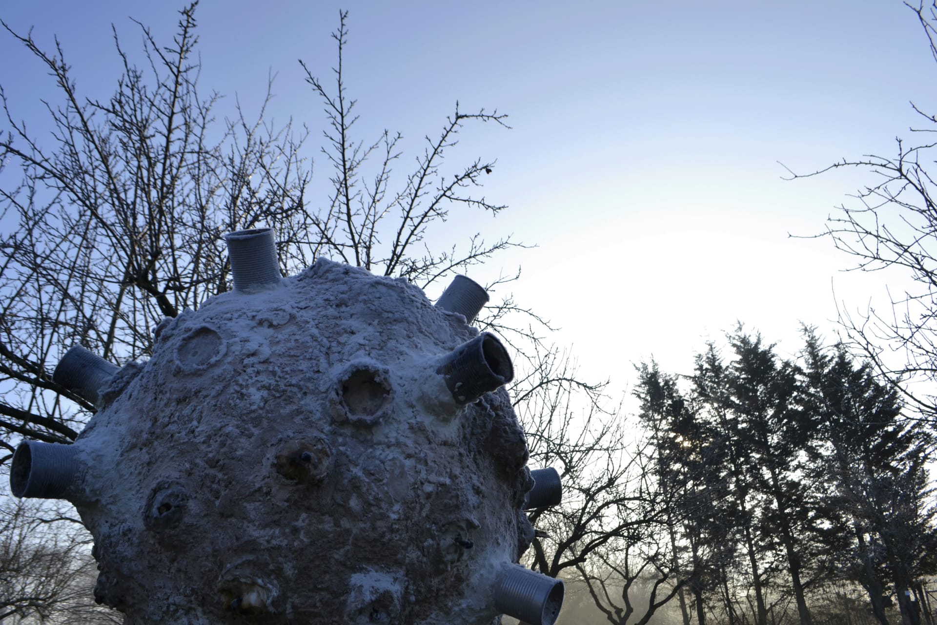 A frost-covered otherworldly sculpture in the early morning light surrounded by trees.