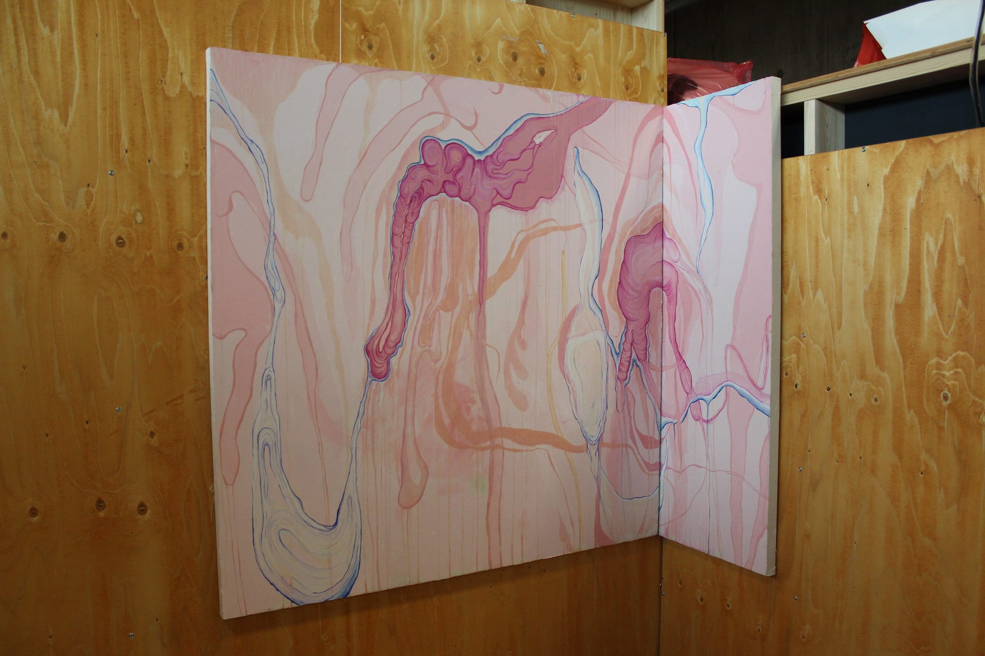 painting of what the inside of the body might look like in tones of pink