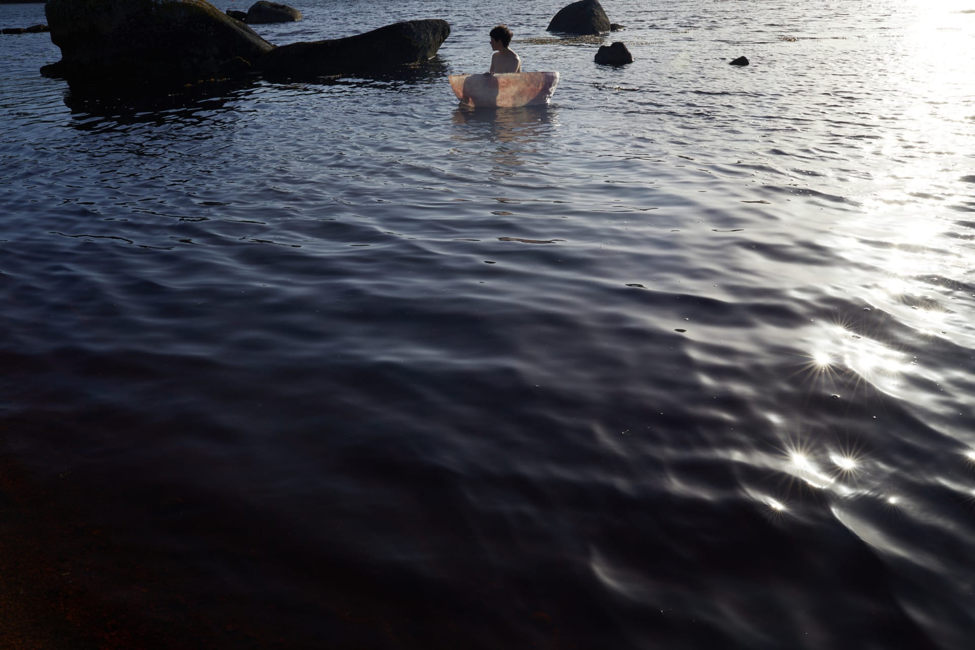 A nude person sits curled inside a mottled pink vessel, which feels like a shell or cocoon. They are on the edge of the sea.