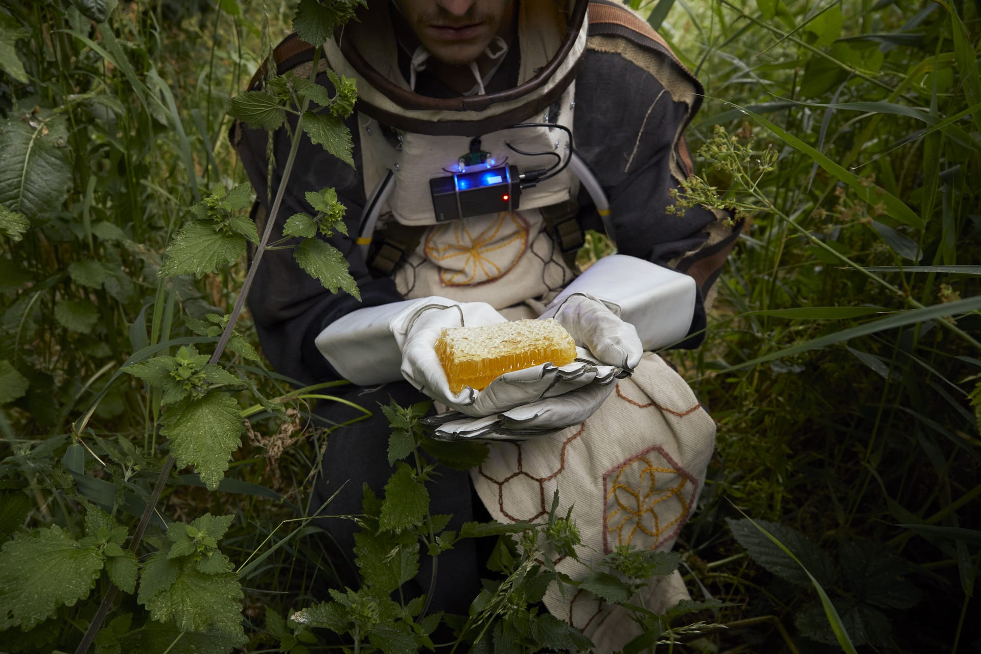 The Apionaut crouches, holding a piece of honeycomb, sticky and delicious.