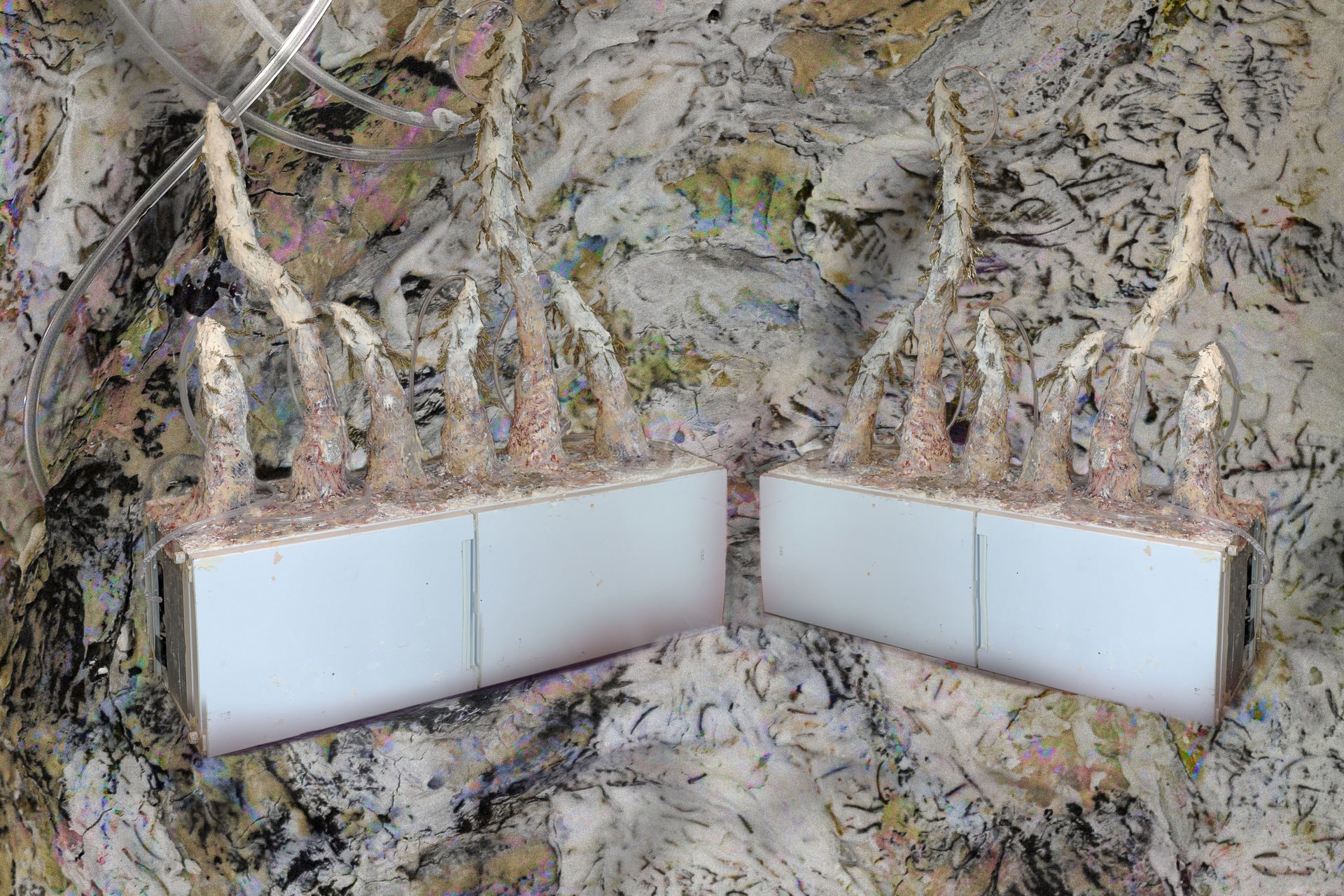 digital collage of sculptural fridges