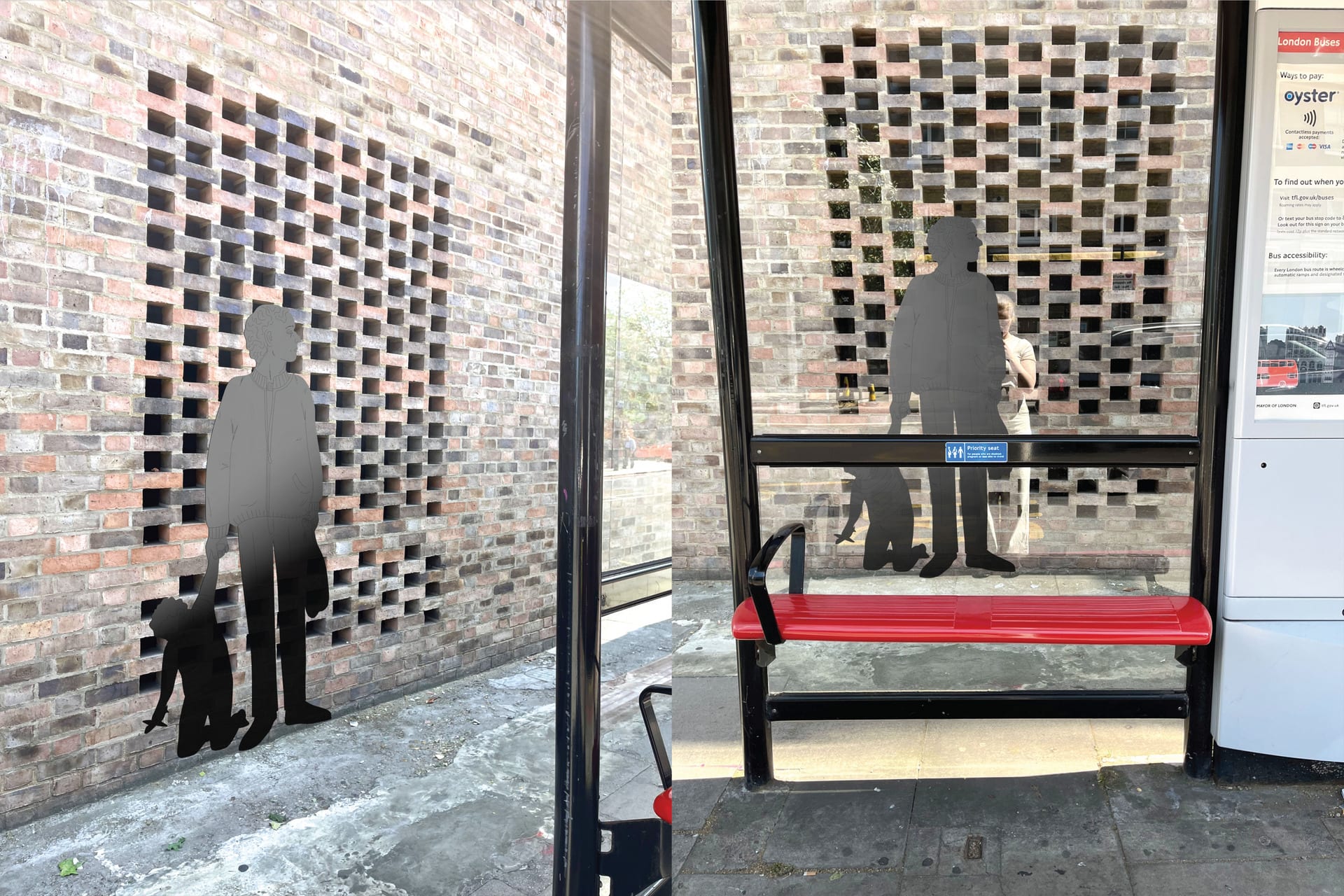 Black acrylic glass sculpture attached to brick wall, silhouette of adult and child waiting for bus