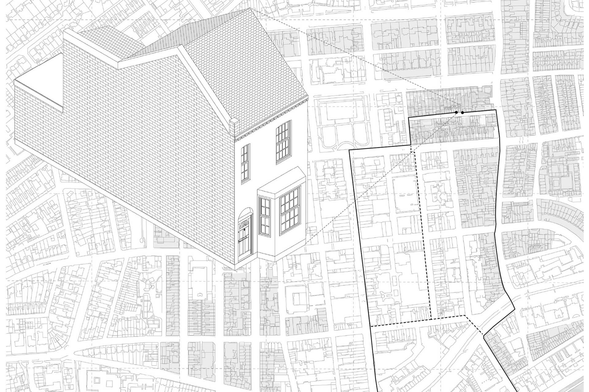 Site plan of Leamington Spa with chosen building block highlighted.