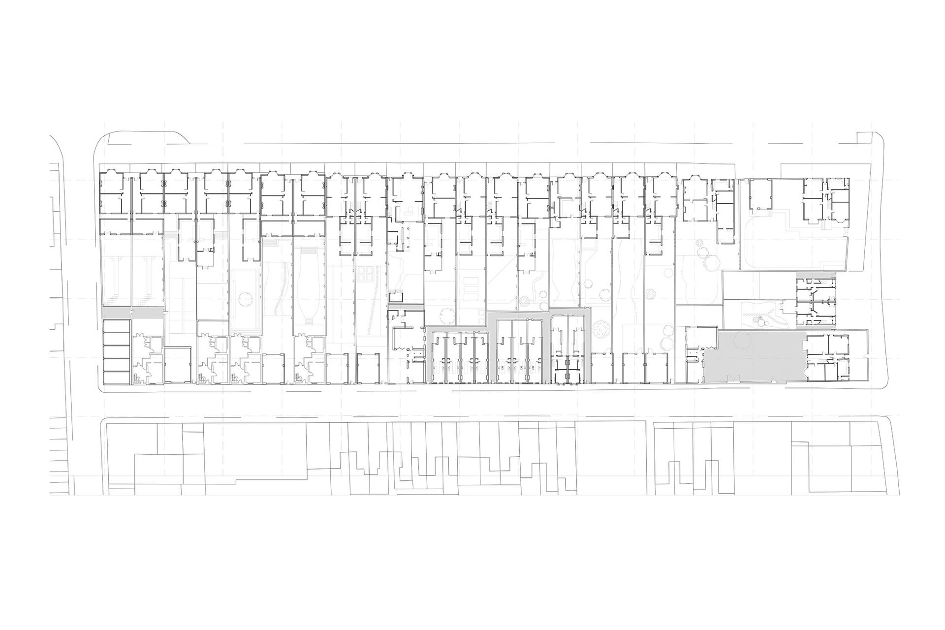 Plan drawing of chosen building block. Scale 1:500@ A2. Terrace houses and town houses shown, connected to a series of gardens.