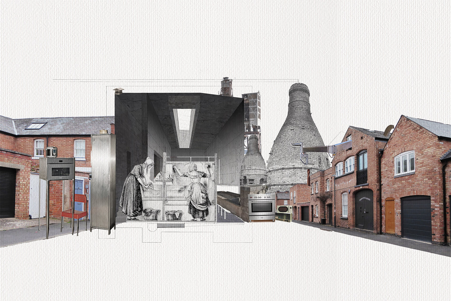 A Collage showing a perspective of Morton Street with interventions including laundry and cooking appliances.