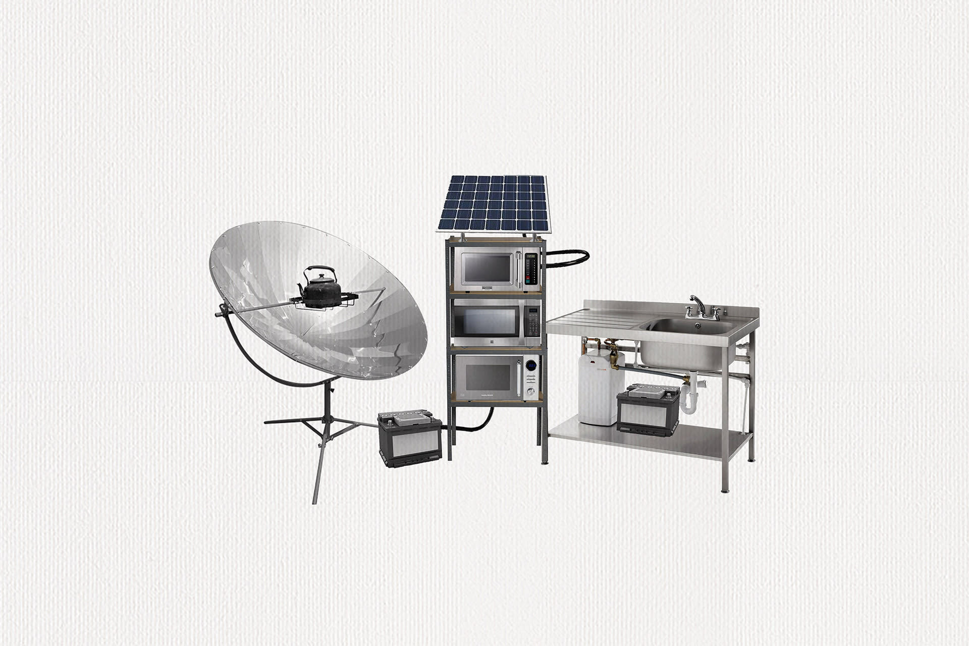 A combination off kitchen appliances including three microwaves, a solar panel, a sink and a parabolic solar heater.