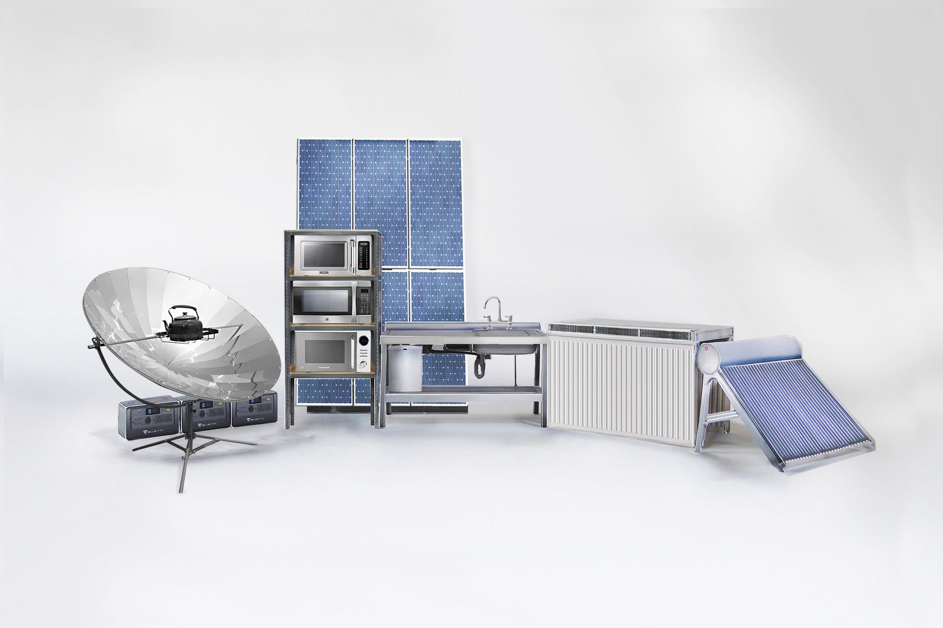 Model of kitchen appliances including three microwaves, solar panels, parabolic solar heater, sink and a 'radiator table'.