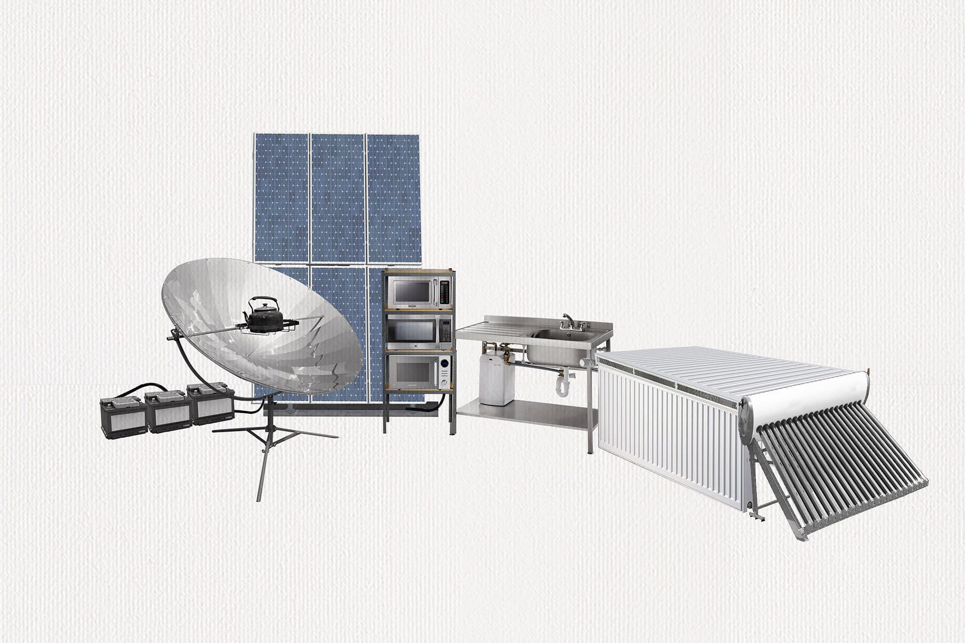 Collage of kitchen appliances including three microwaves, solar panels, parabolic solar heater, sink and a 'radiator table'.