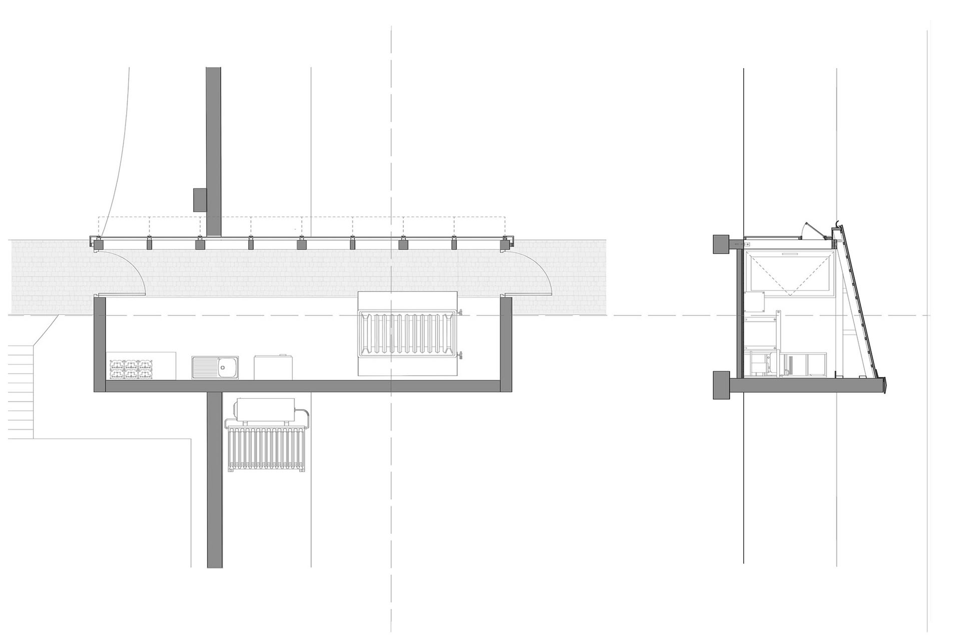 Scale 1:100 @A3. A plan and section of the appliances placed into the development site and the 'sheds' that contain them.