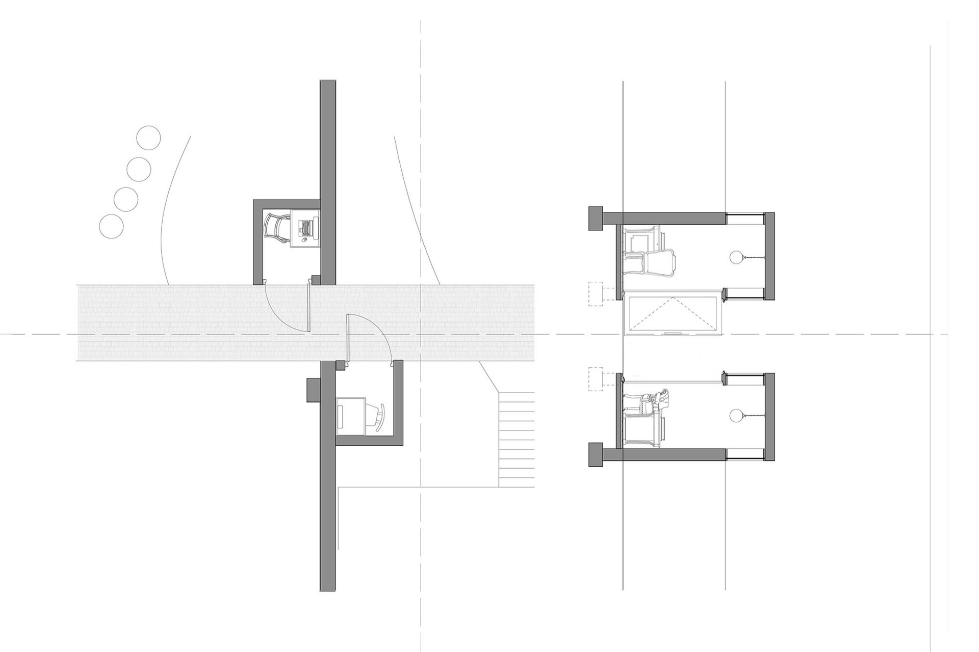 Plan and section showing two work pods placed on opposite sides of the existing garden walls.