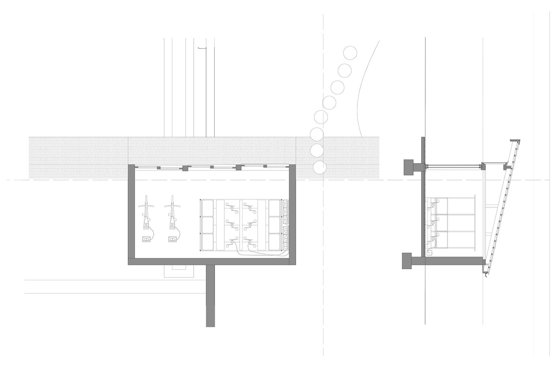 Plan and section of gym contained in timber, aluminium, re-used brick and 100% recyclable polycarbonate cladding.