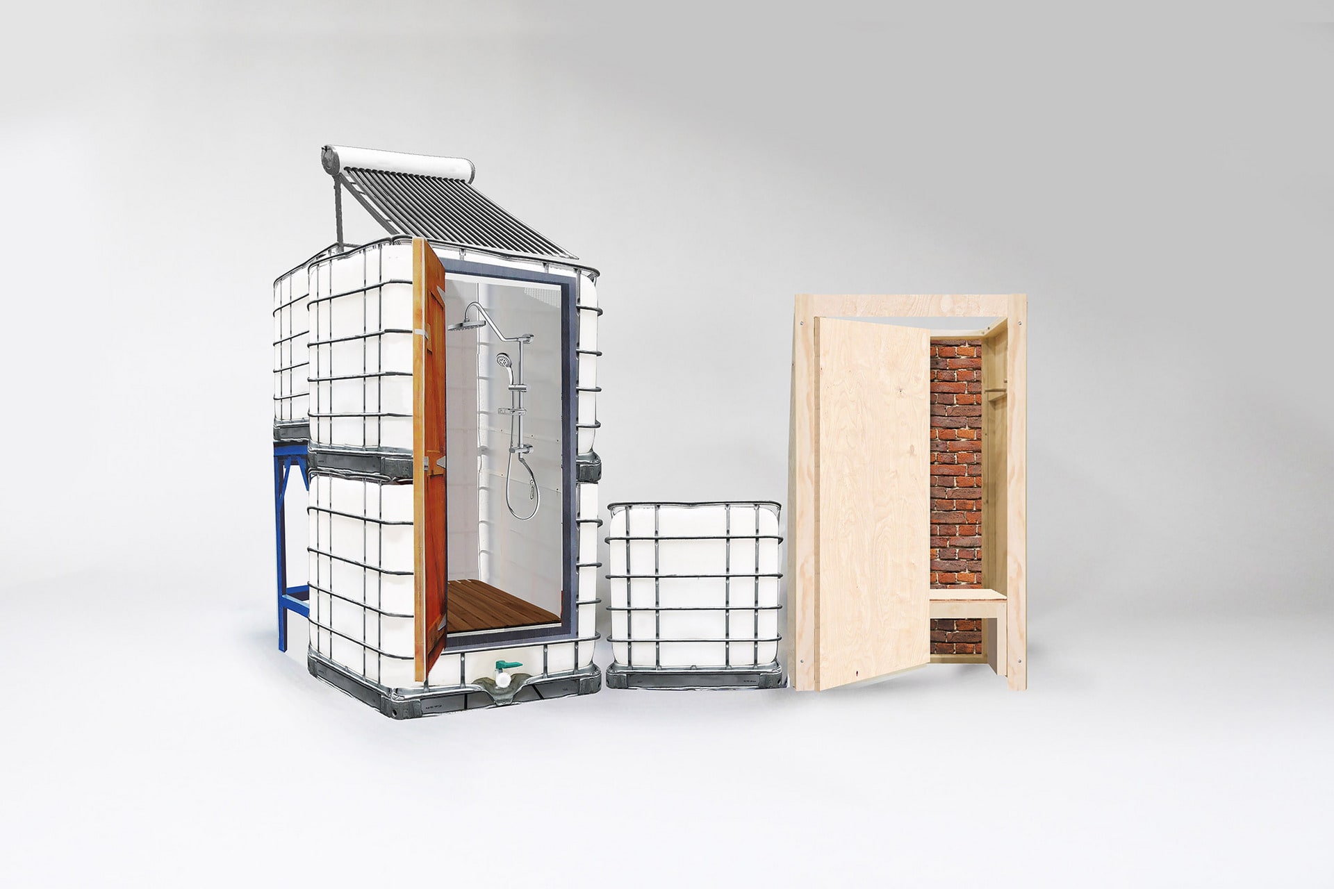 One module of the infrastructure: bath and shower made from re-used water tanks, with plywood and brick changing room.