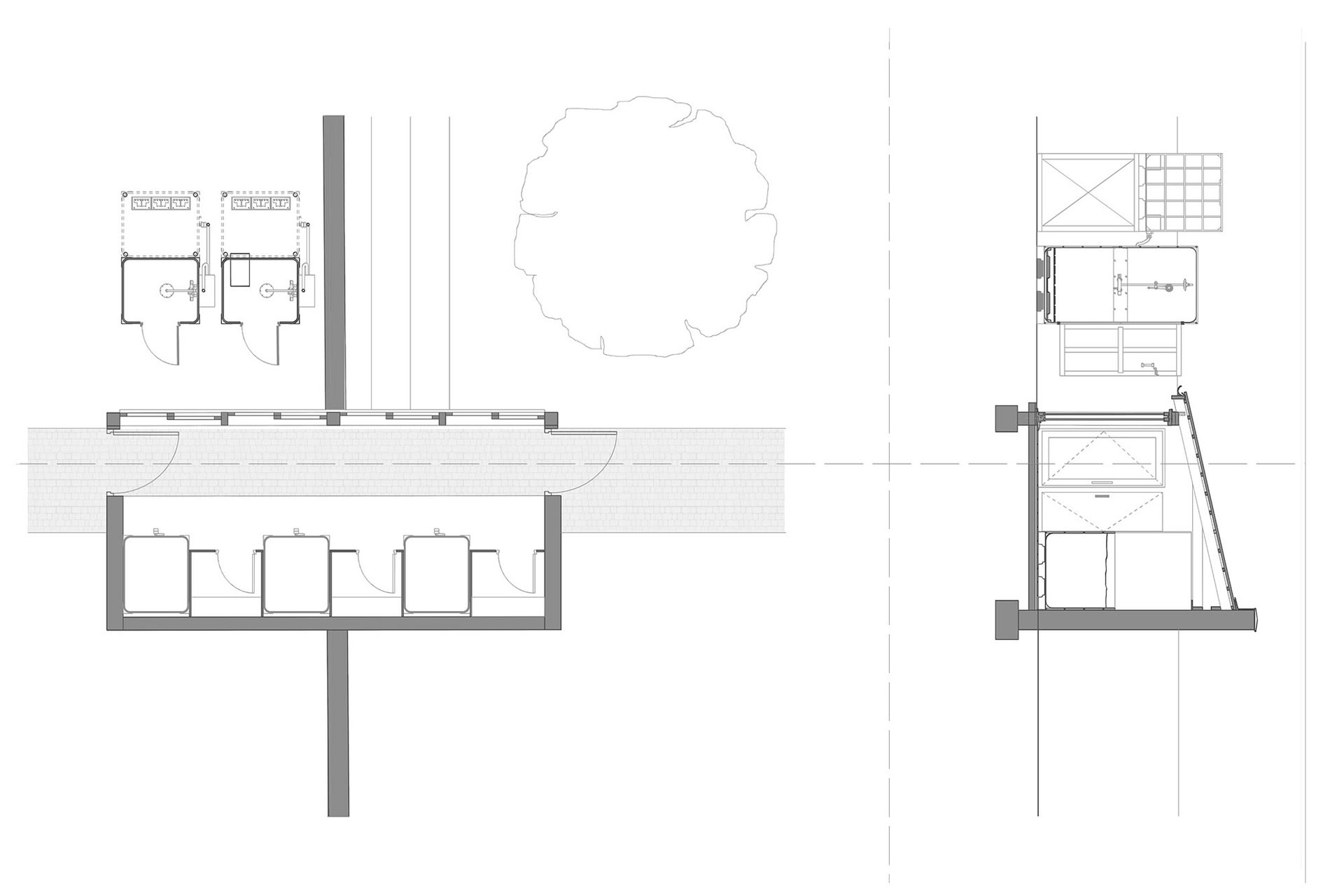 Plan and section showing the bath house infrastructure in brick, timber, aluminium and 100% recyclable polycarbonate cladding.