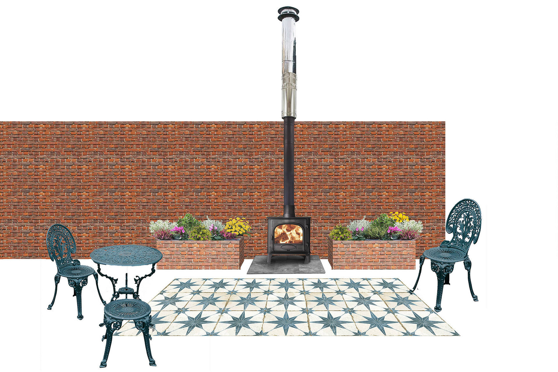 Infrastructure includes garden chairs, a garden table, a wood burning fireplace, re-used brick flower beds and a tiled 'stage'. 