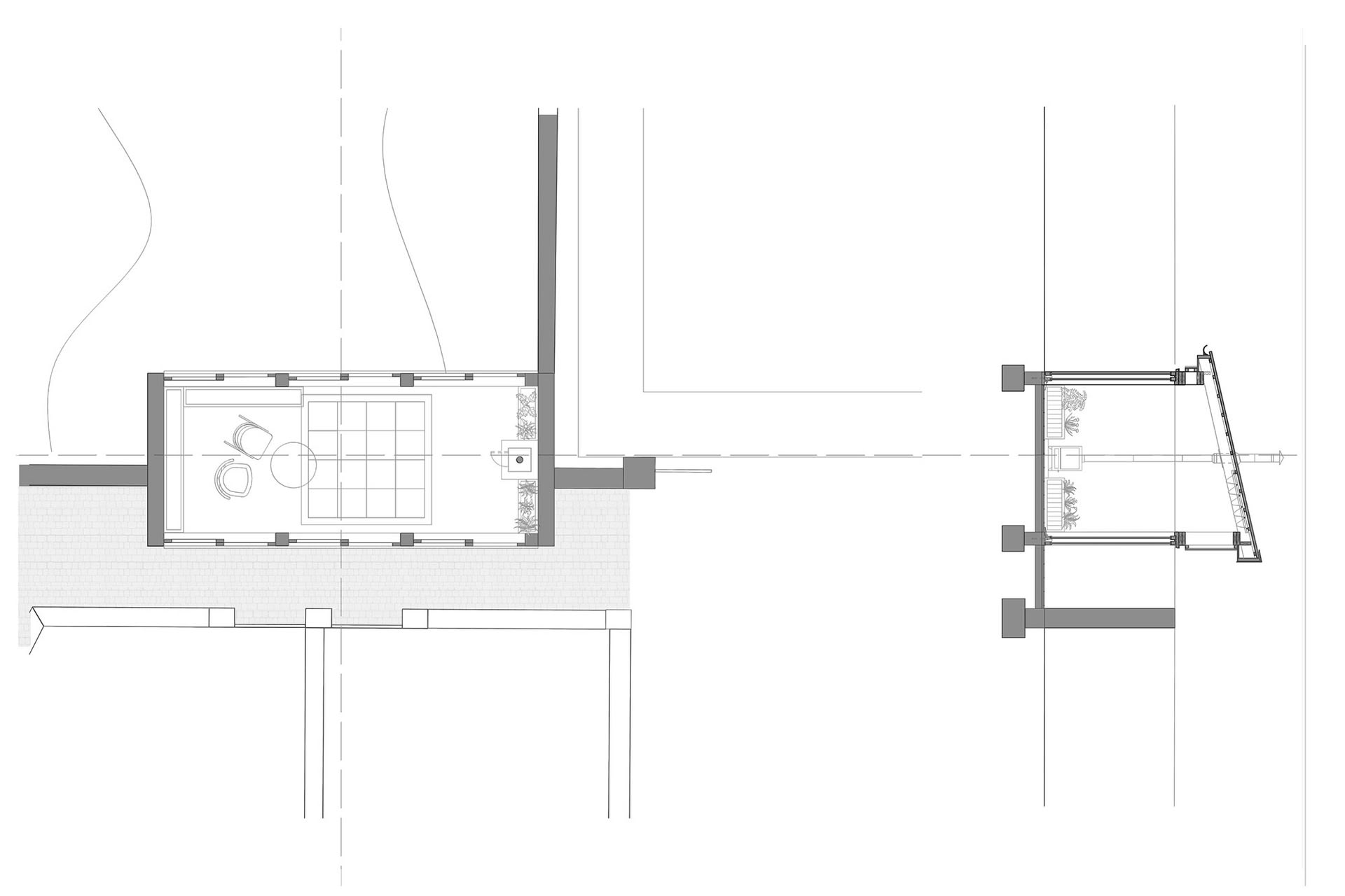 Line Drawing Plan and Section showing infrastructure contained in a brick, timber, polycarbonate and aluminium 'shed'.