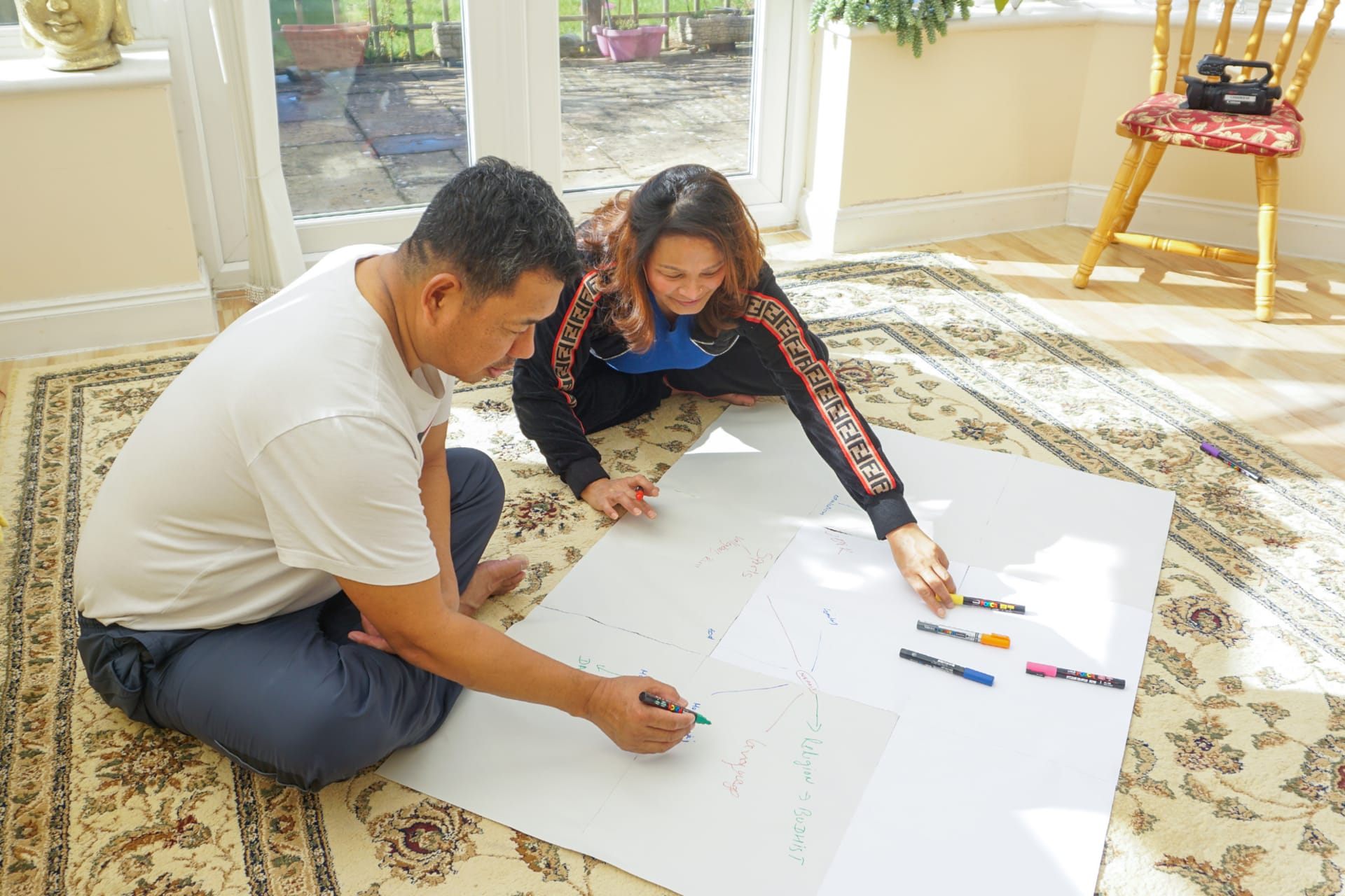 Ashmina's Mother and Father sat on the carpet floor, cross legged, writing a mindmap on a A0 size sheet of paper.