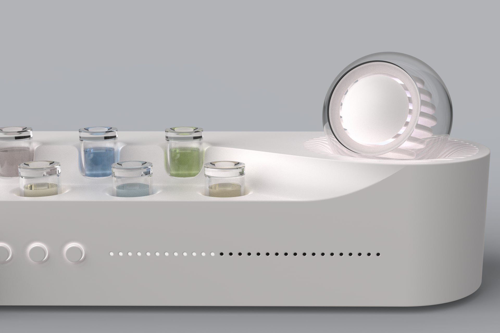 A desktop device for olfactory training, with white as the primary color.