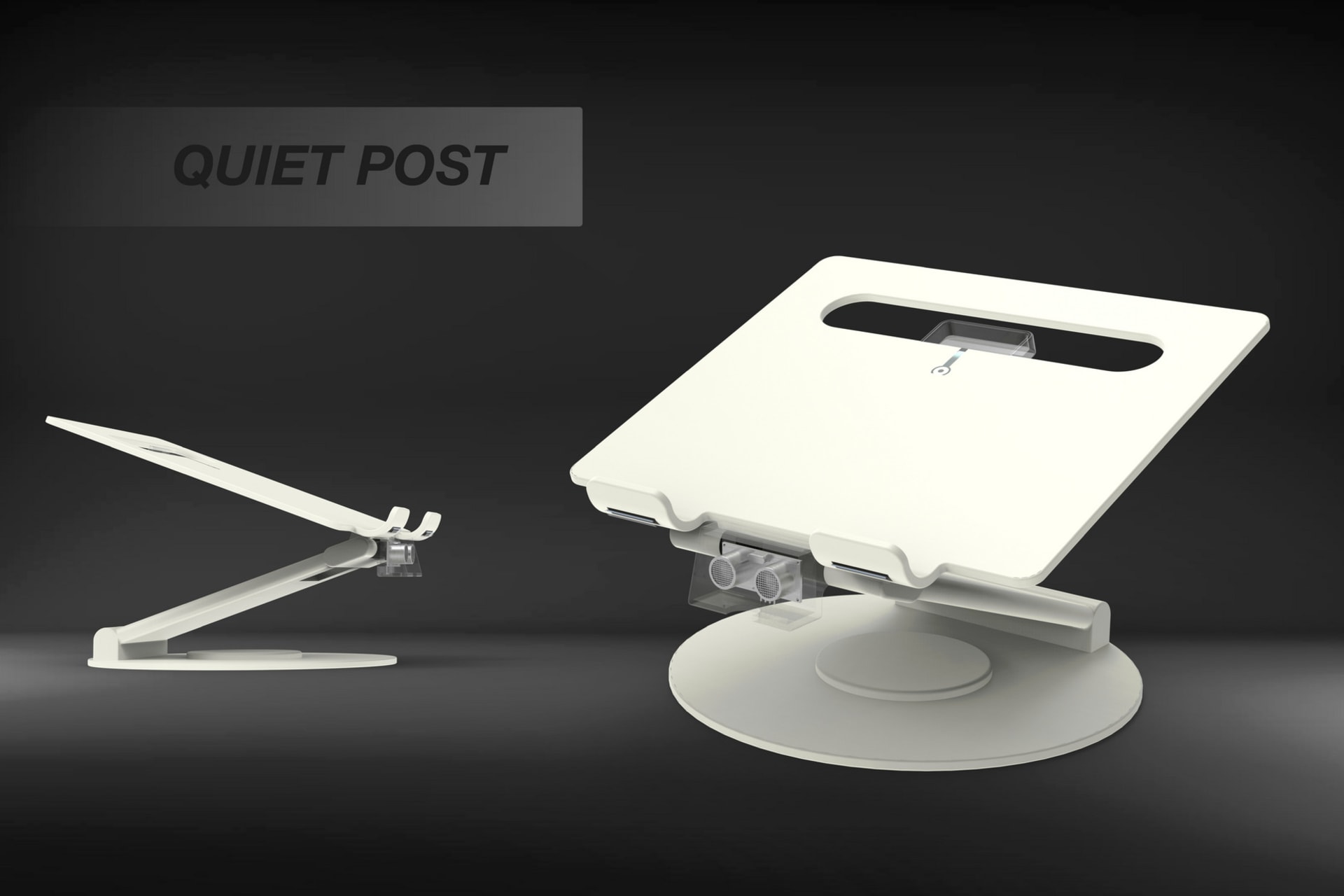 "Quiet Post" is a laptop stand that senses the distance between the user and the laptop screen and corrects the sitting posture.