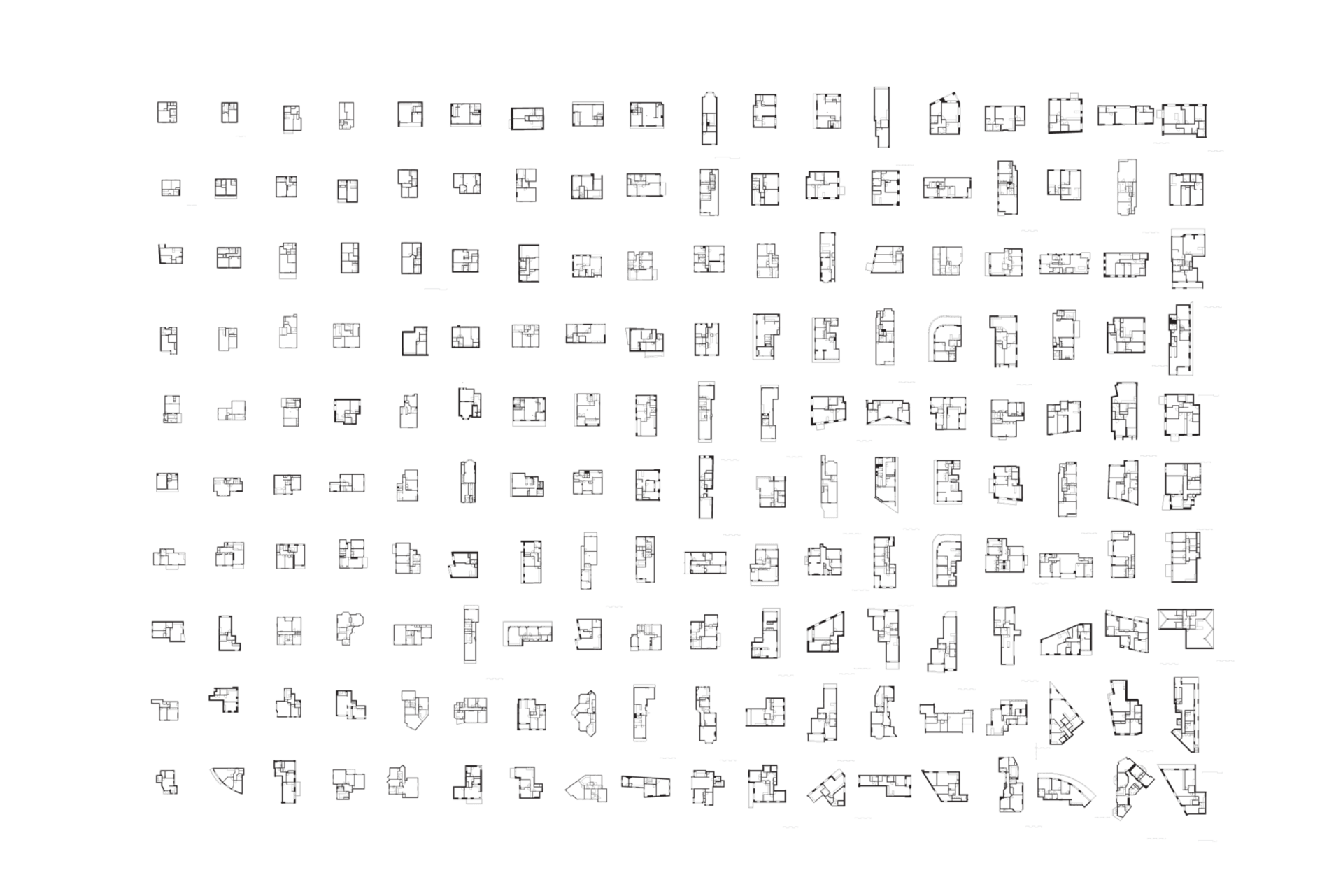 A matrix of floor plans changing from small and compact on the upper left to large and less compact floor plans lower right.