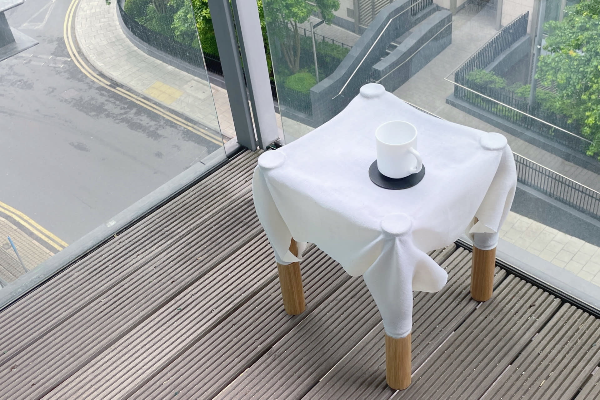 Standing Linen, PLA soaked linen; Oak wood