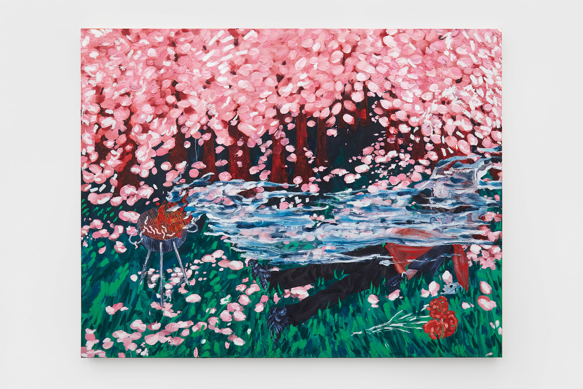 Paintings of a couple under a blossom tree having a BBQ