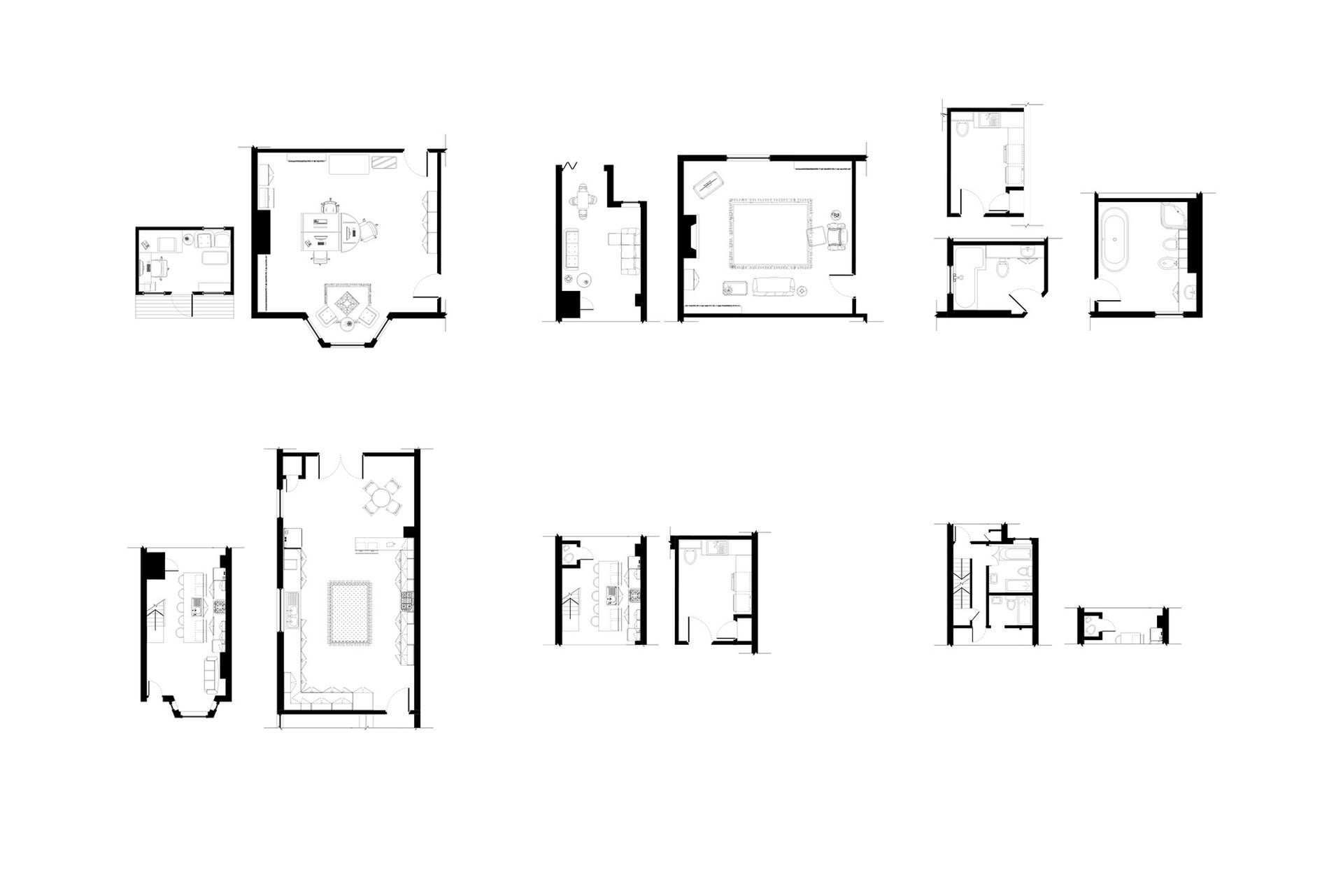 Plan drawings of programmatic spaces including living room, kitchen, bathroom, utility room, office and WC.