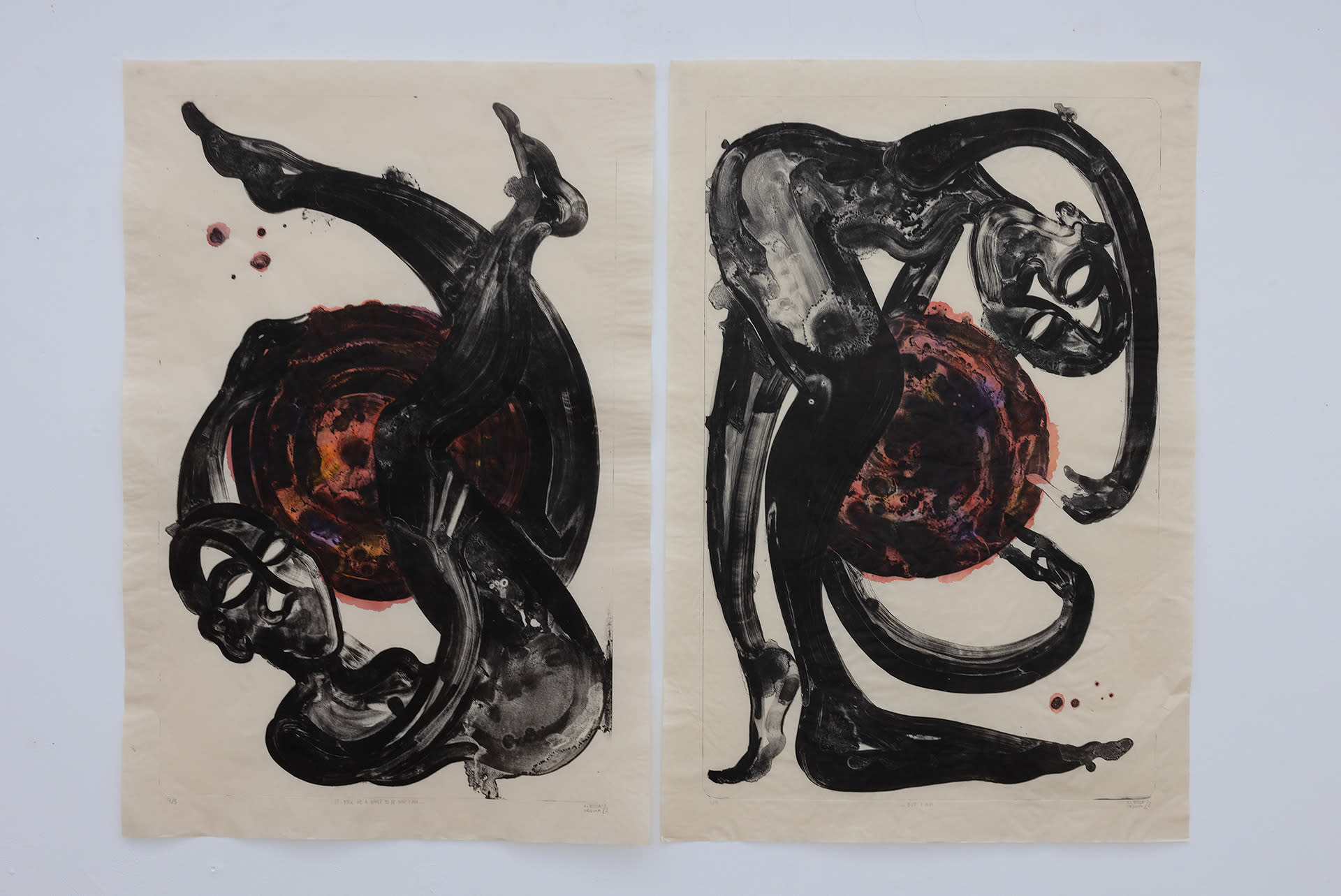 Diptych of lithographs on Kitakata paper finished by hand with gouache