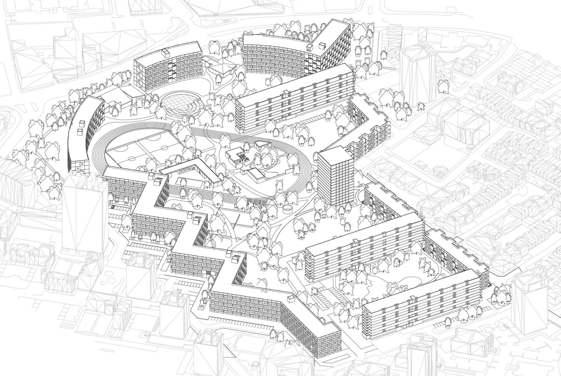 Axonometric of the Winstanley Park Estate, own work.