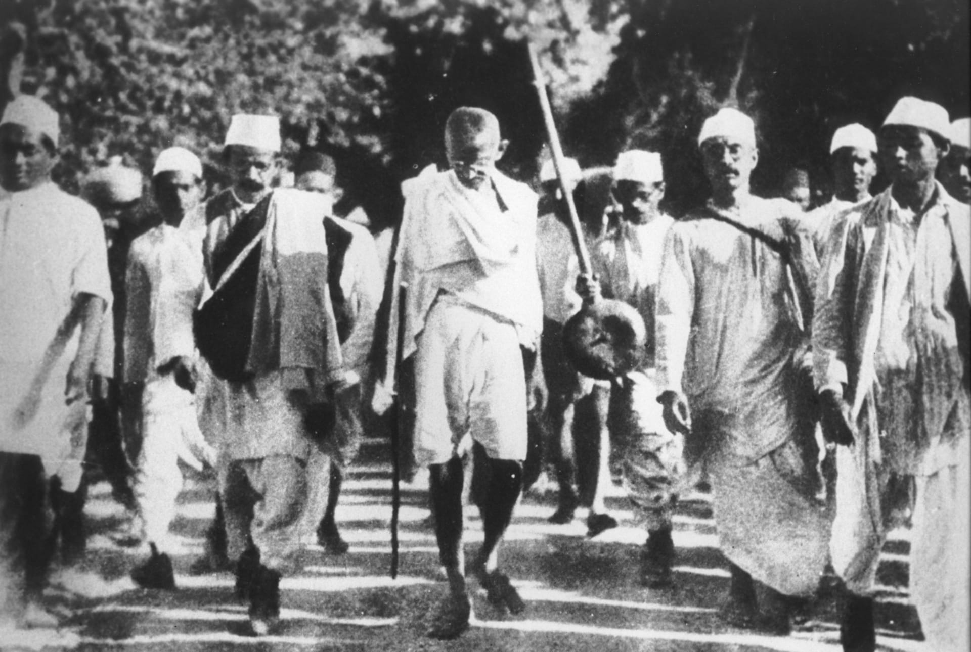 Picture of Mahatma Gandhi at the Salt March protesting the Salt Laws.