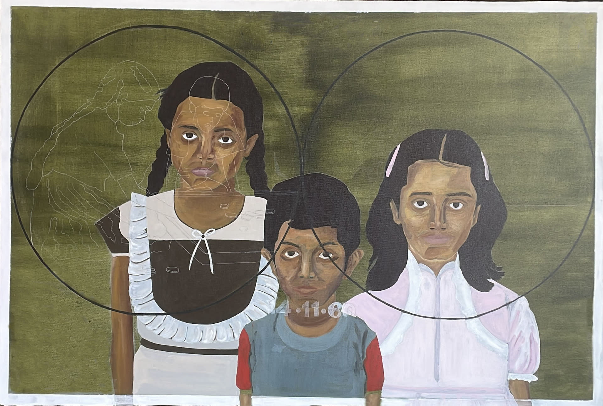 three figures, two girls and one boy in the centre standing staring at the viewer