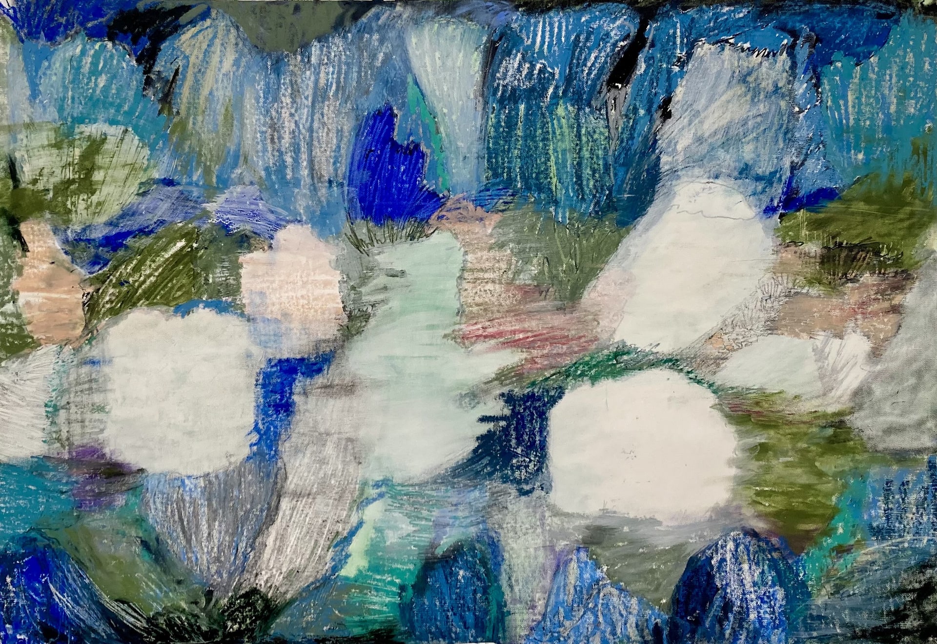 An abstract landscape constructed of ragged, animated blocks of blues, greens, pinks and whites.  