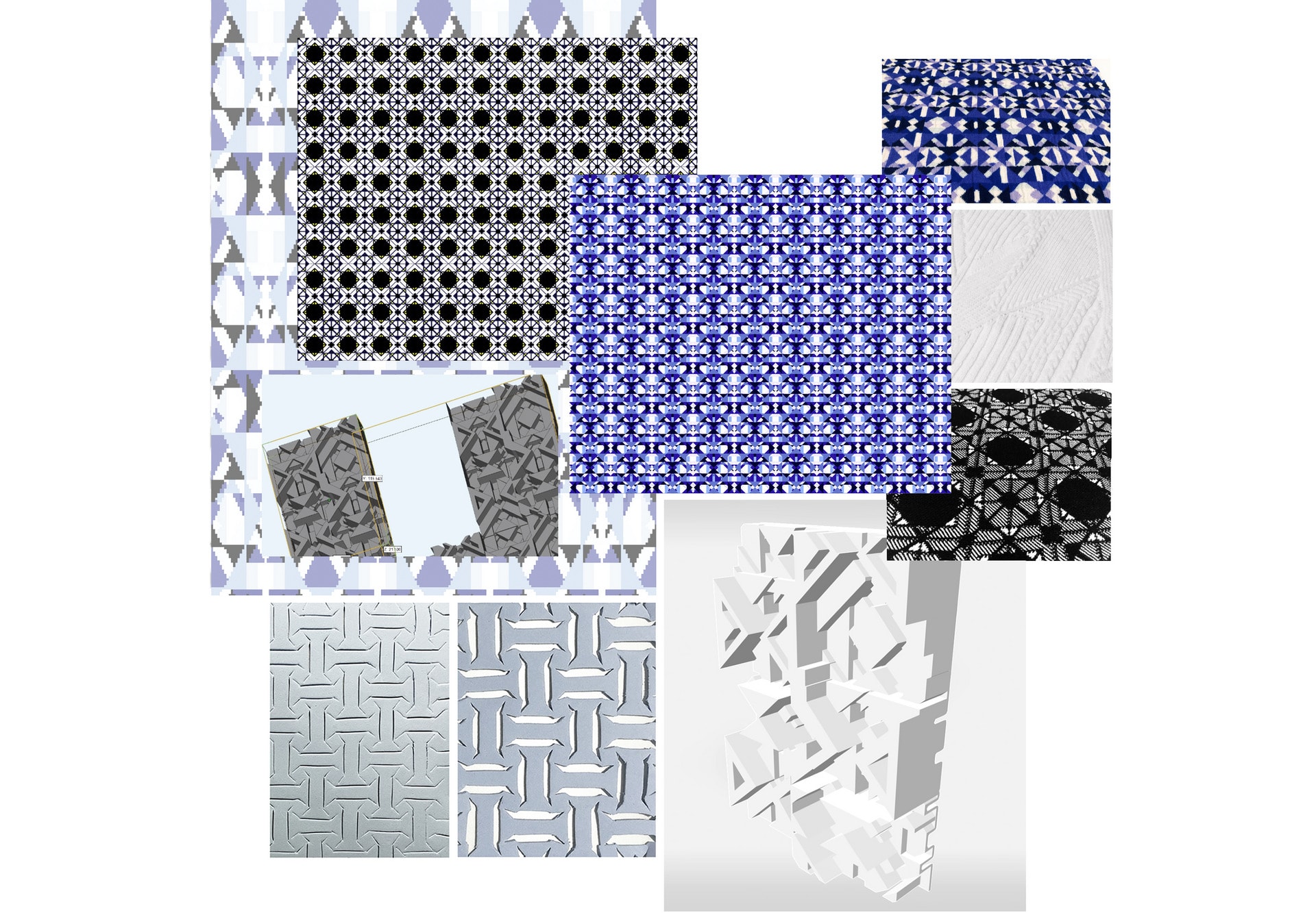 A mix of geometric digital and knitted patterns in black, white and blue