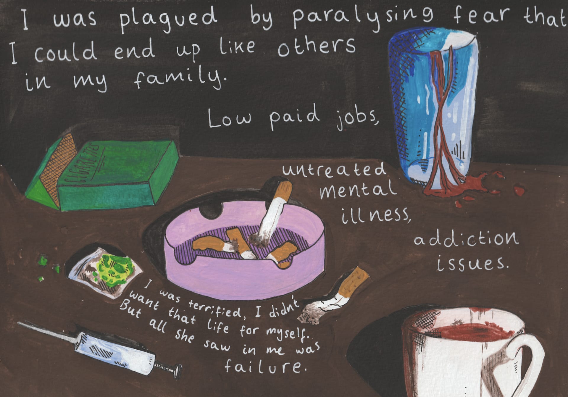 Drawing of a messy coffee table with drug paraphernalia.