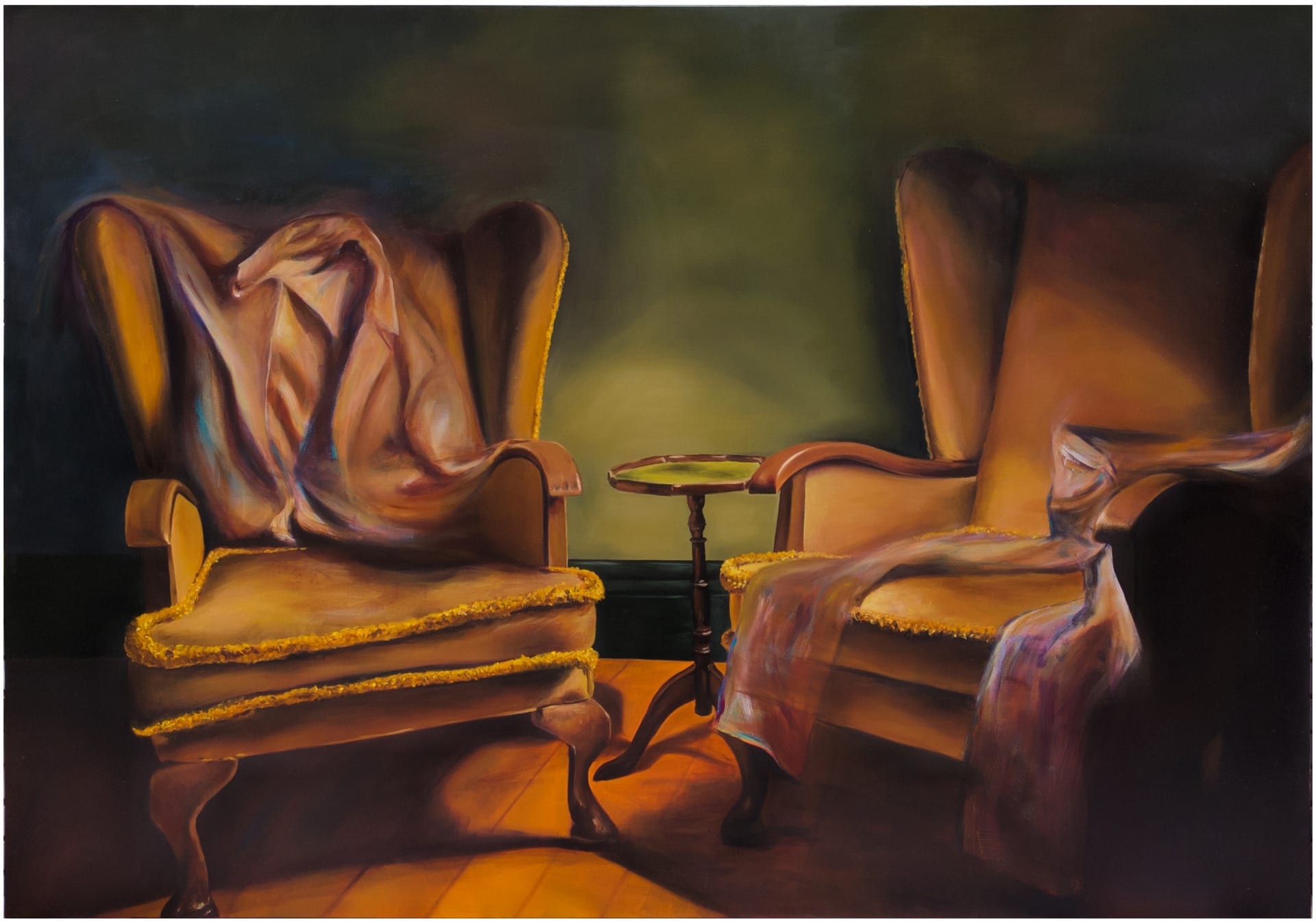 Oil painting on canvas shows an interior scene with two armchairs on which a jacket and trousers sit ghostlily.