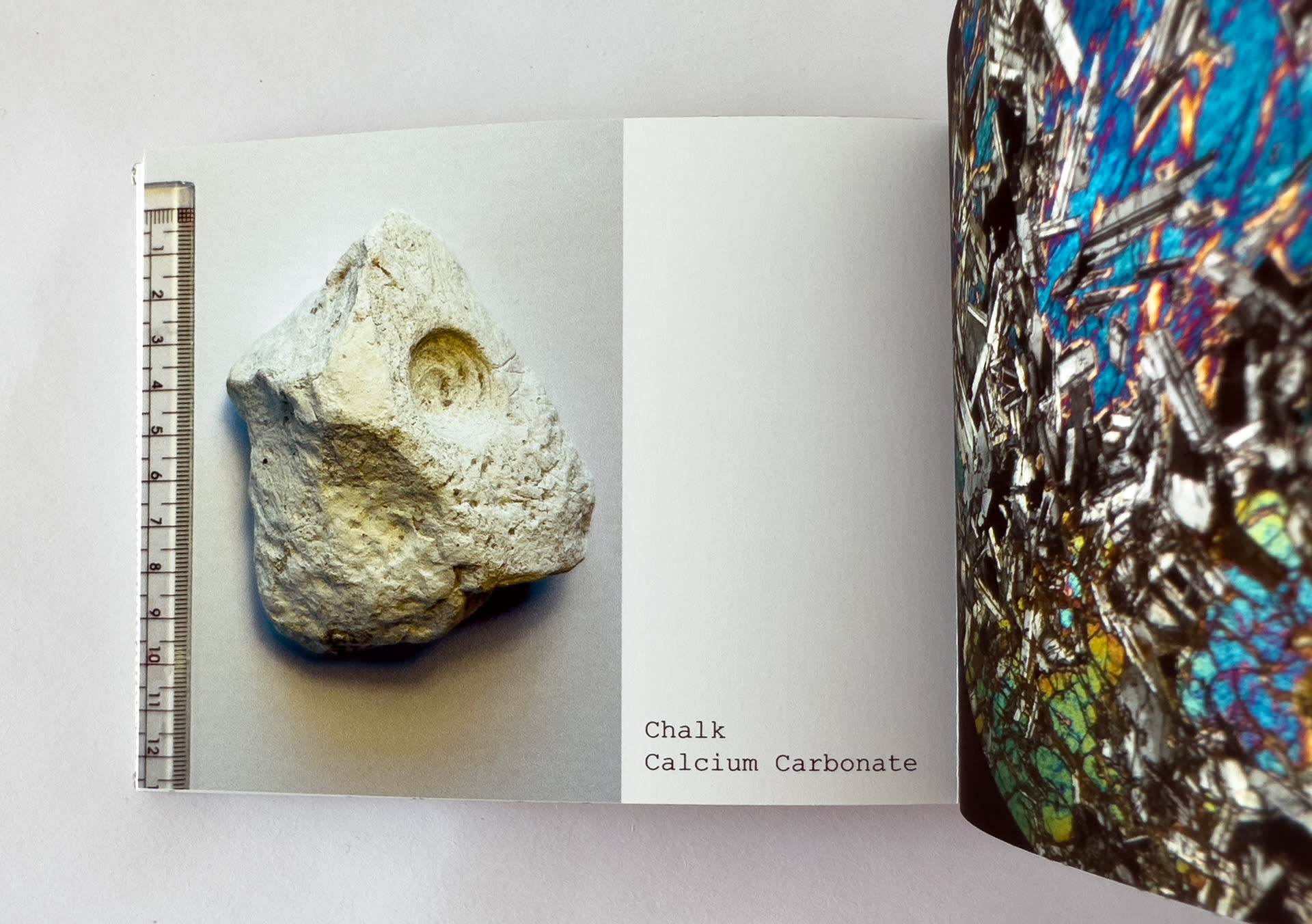 Page of artist book with an image of a chalk sample and microscopic thin section of a rock.